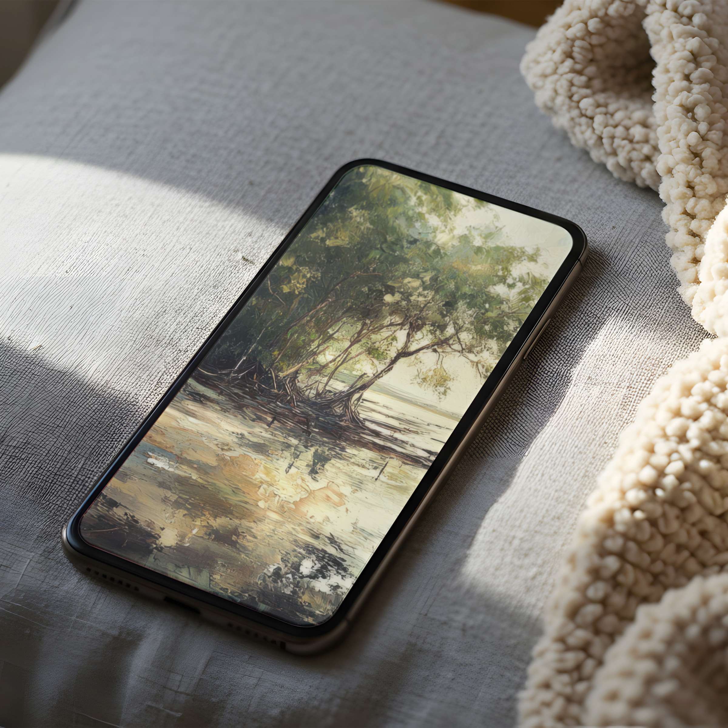 Tranquil forest scene phone wallpaper with soft, earthy tones creates peaceful harmony, ideal for high-resolution digital download suitable for iPhone and Android