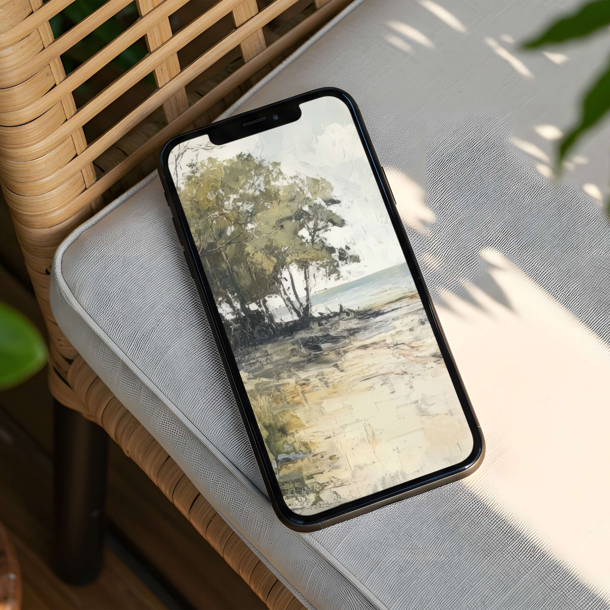Elegant coastal landscape painting as an iPhone background offers calm and inspiration available for instant download on your phone