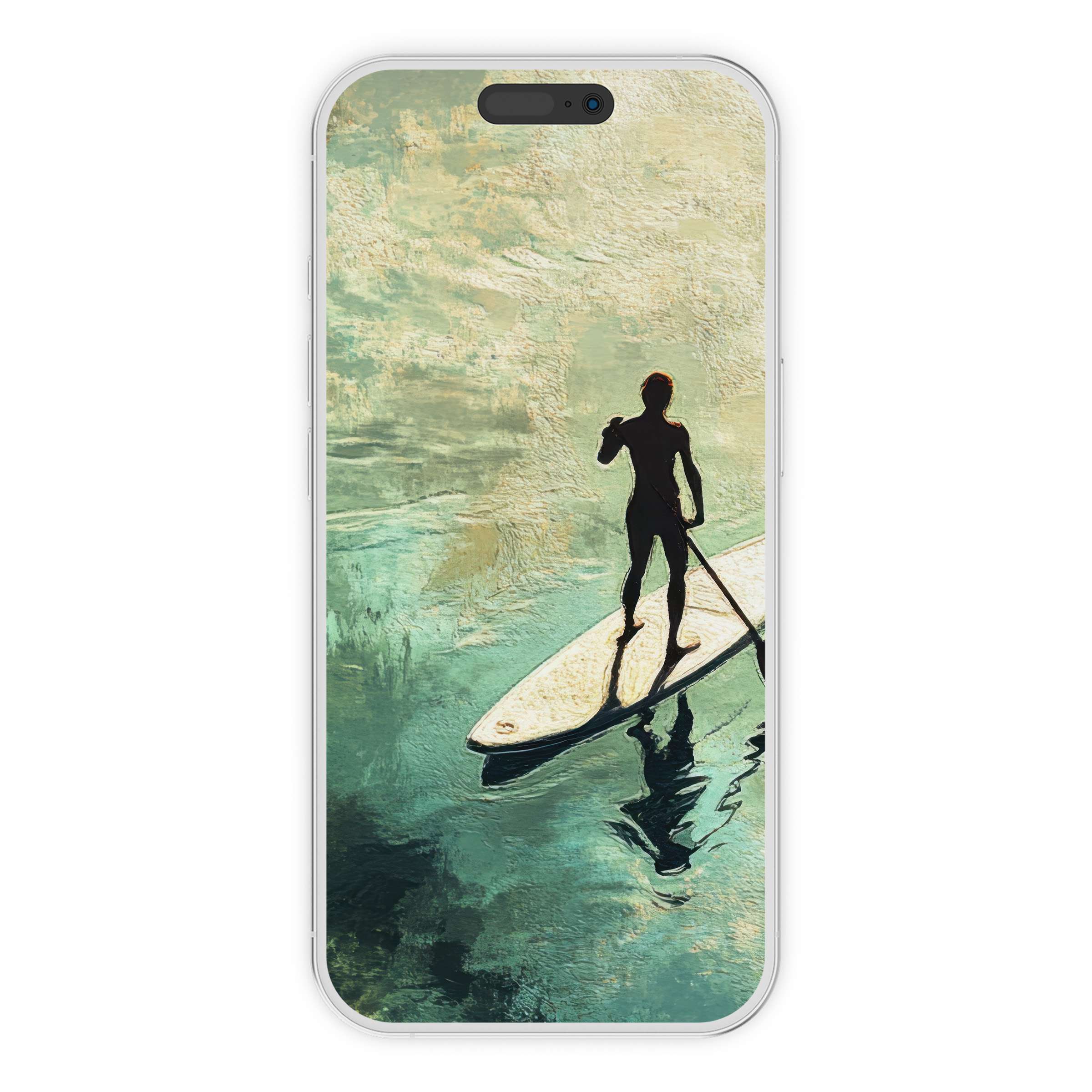 Elegant beach iPhone wallpaper showcasing serene paddleboarder on tranquil water, perfect phone background for a digital download
