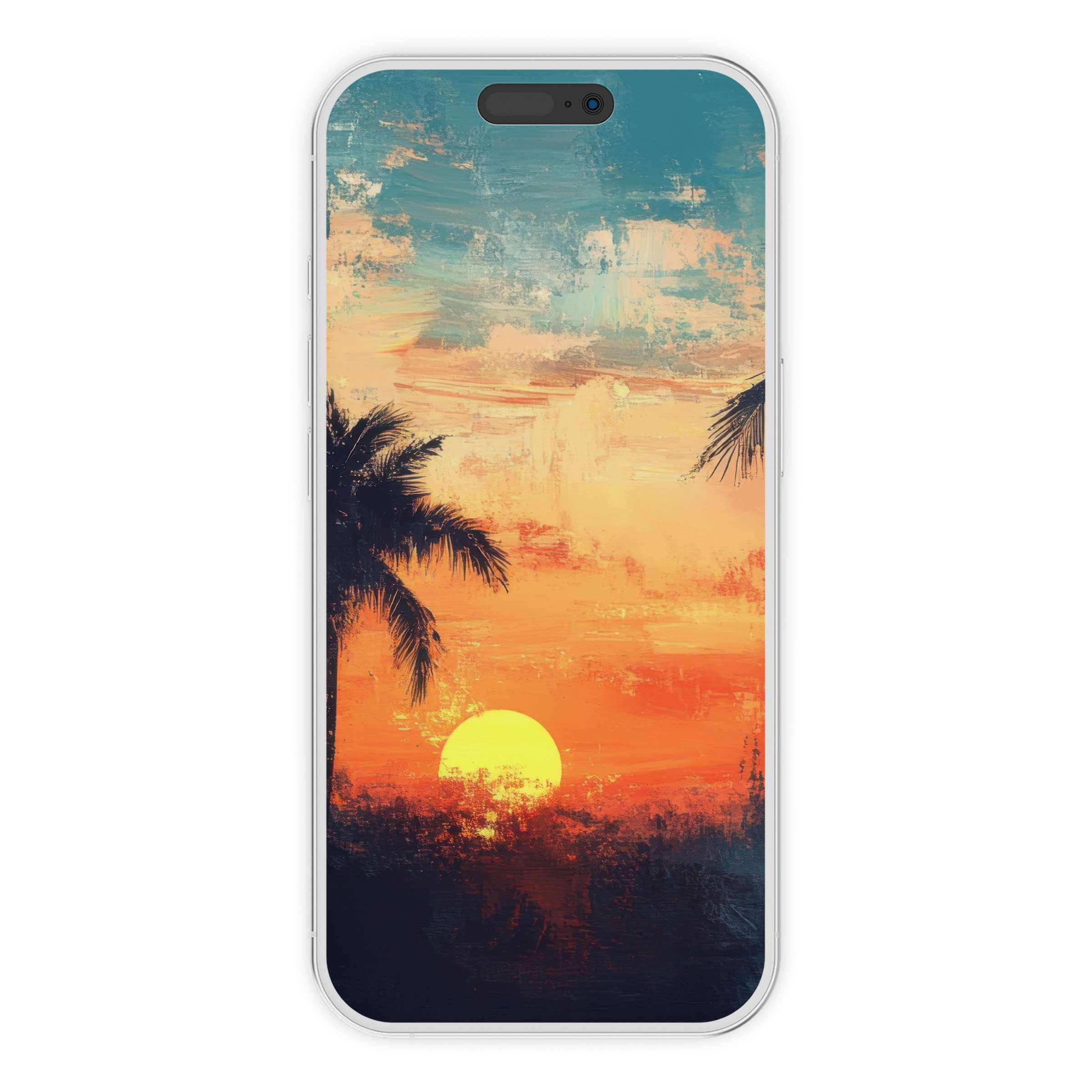 Vibrant beach iPhone wallpaper with artistic sunset and palm silhouettes offers a serene phone background digital download for all devices