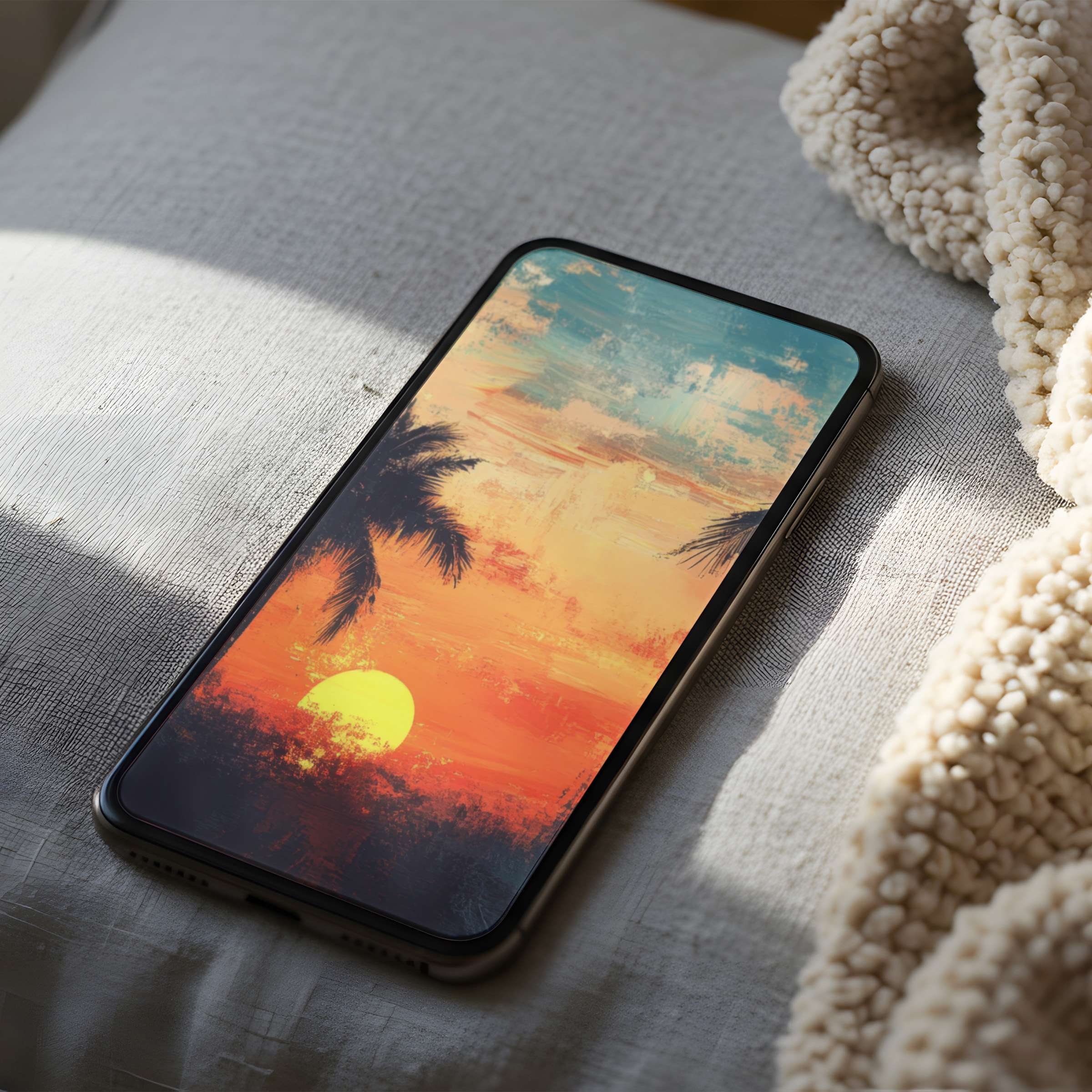 Sunset phone wallpaper in high resolution, showcasing serene palm silhouettes on iPhone; ideal for calming digital downloads