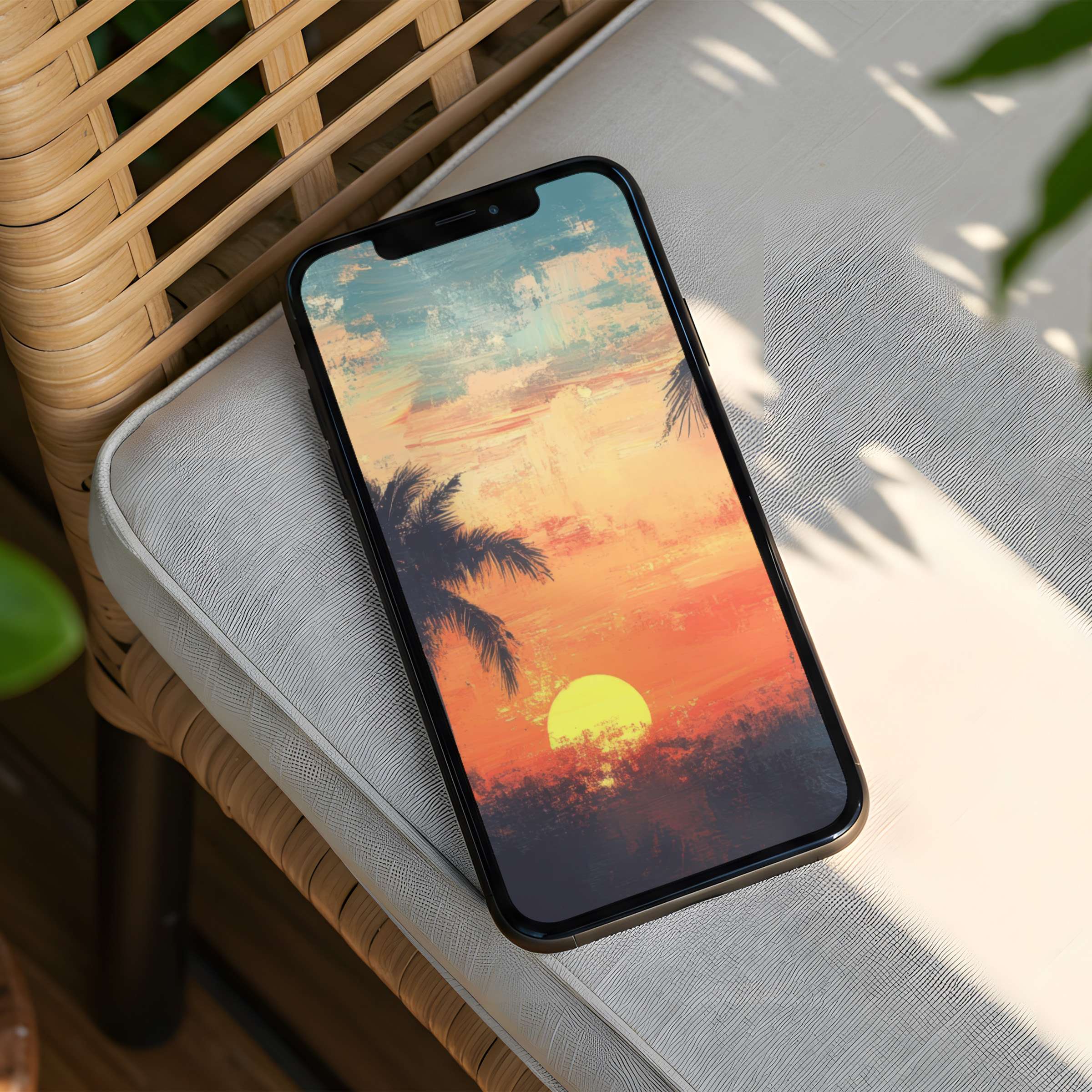 Serene sunset iPhone background featuring tropical palms in warm hues, perfect for mindful phone aesthetics and instant download