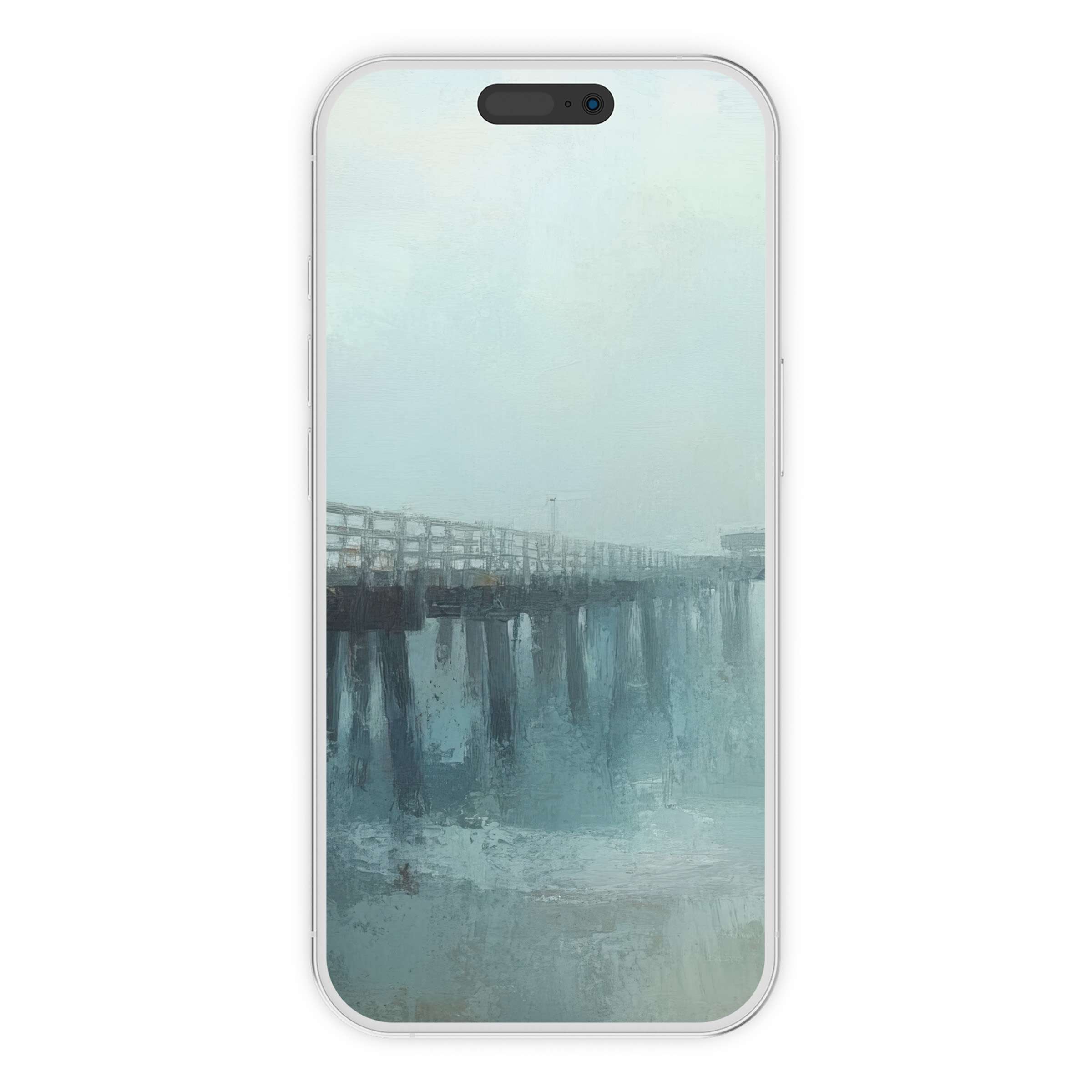 Tranquil beach iPhone wallpaper with soothing blue tones and serene pier, perfect phone background as digital download for elegance