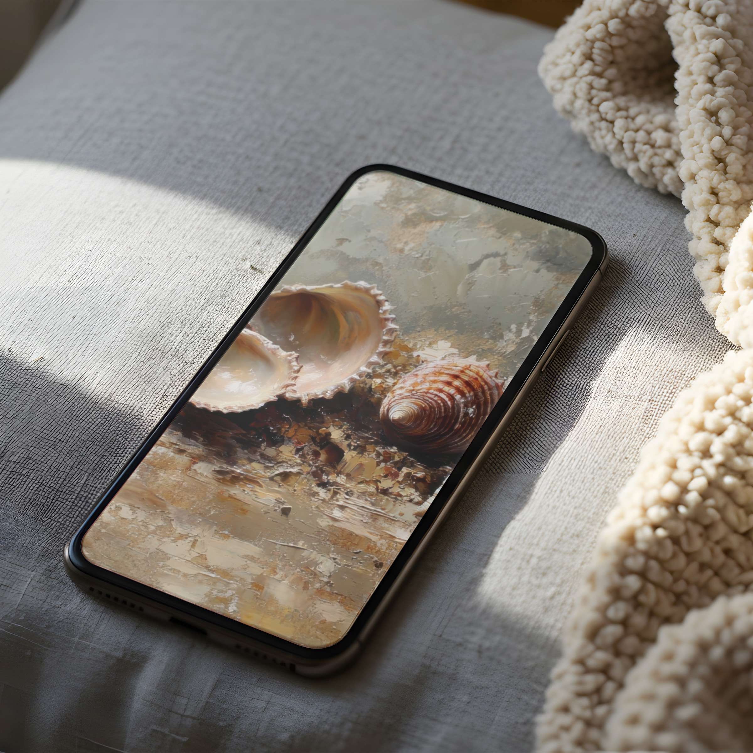Coastal shell motif phone wallpaper in high resolution offers elegance and tranquility for iPhone and Android digital downloads