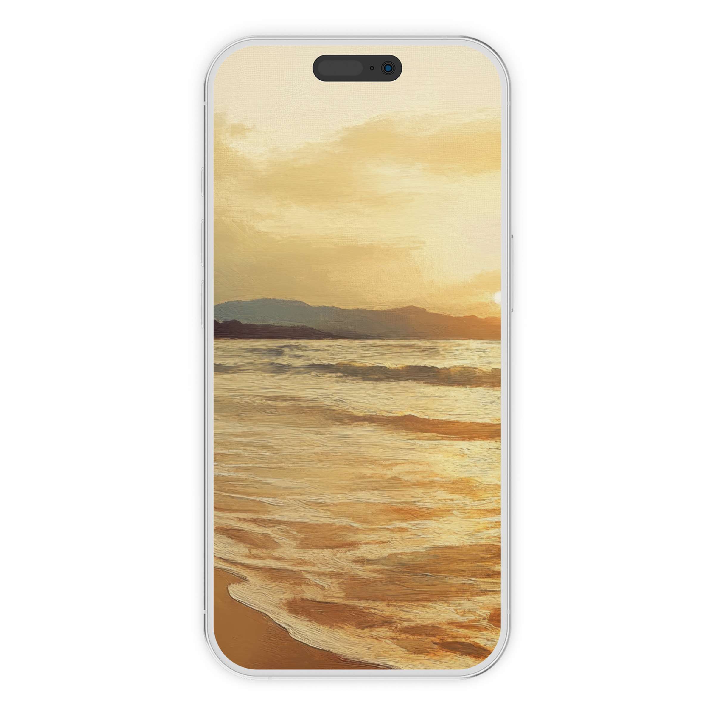Serene beach iPhone wallpaper digital download featuring golden sunset waves, perfect phone background for tranquil, artistic elegance