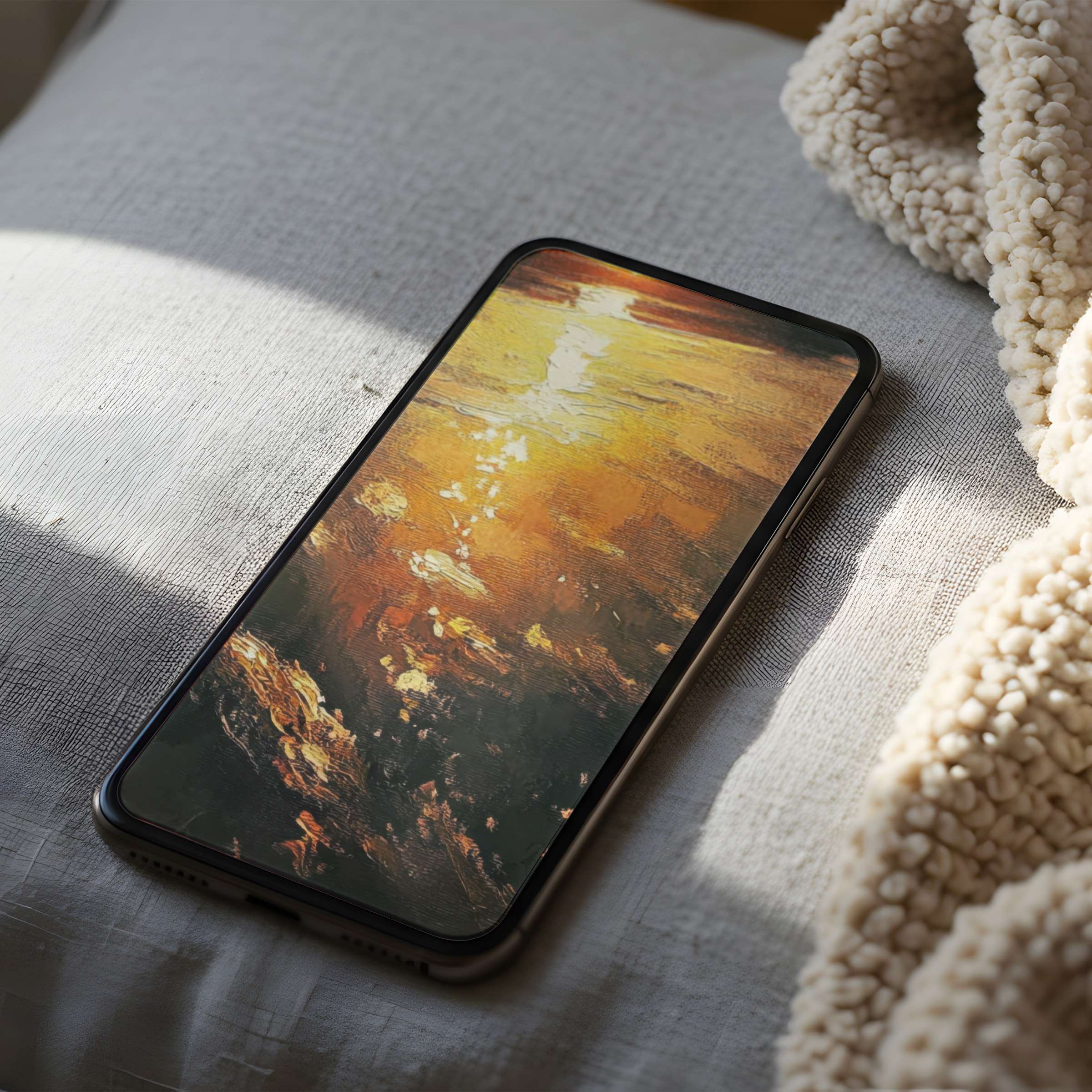 Elegant sunset-themed phone wallpaper in high resolution on a soft beige pillow evokes calm, suitable for iPhone and android phones