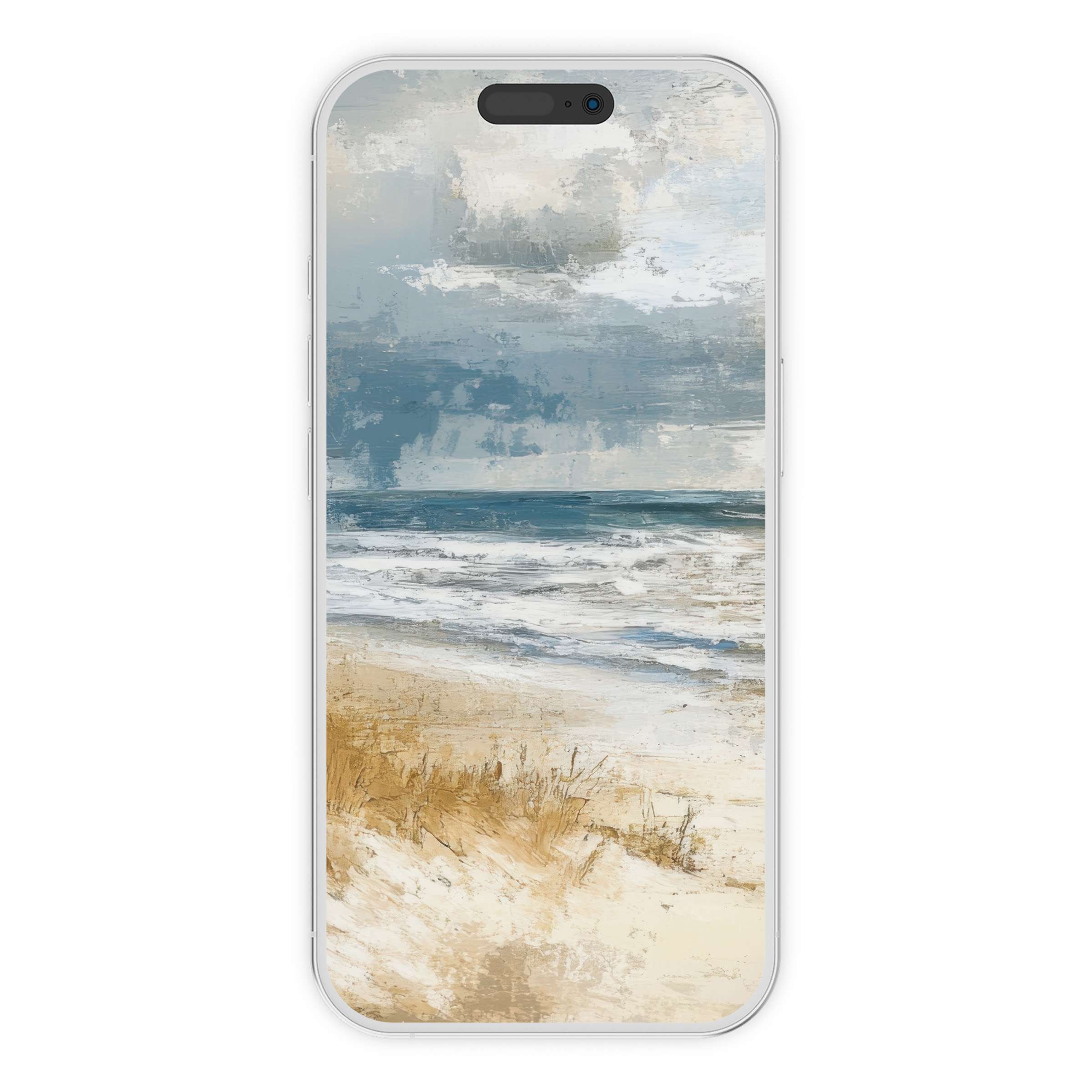 Tranquil beach iPhone wallpaper digital download for a serene phone background features soft sand, waves, and cloudy skies suitable for all devices