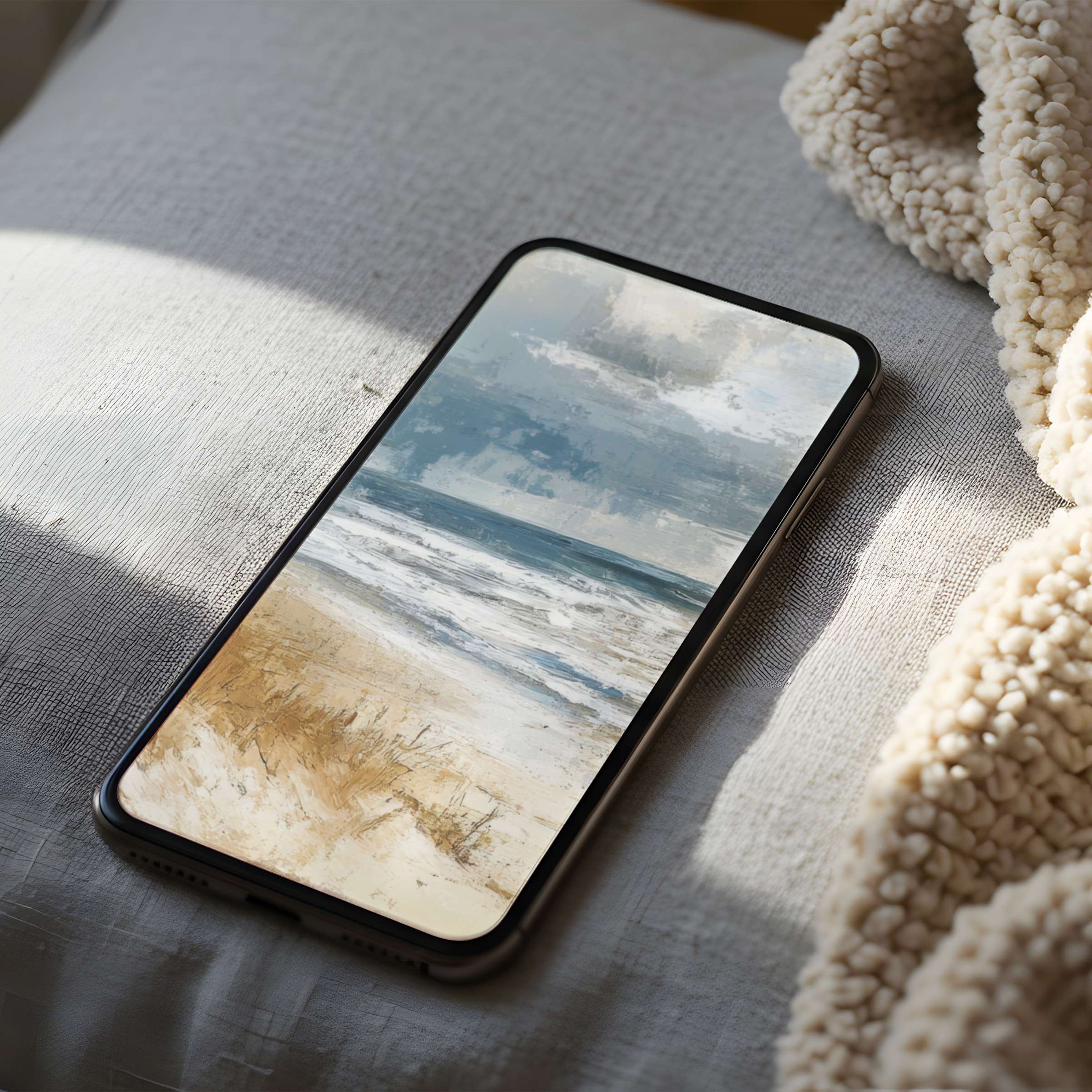 Elegant beachscape phone wallpaper featuring serene ocean waves in high resolution, perfect for iPhone and Android digital download