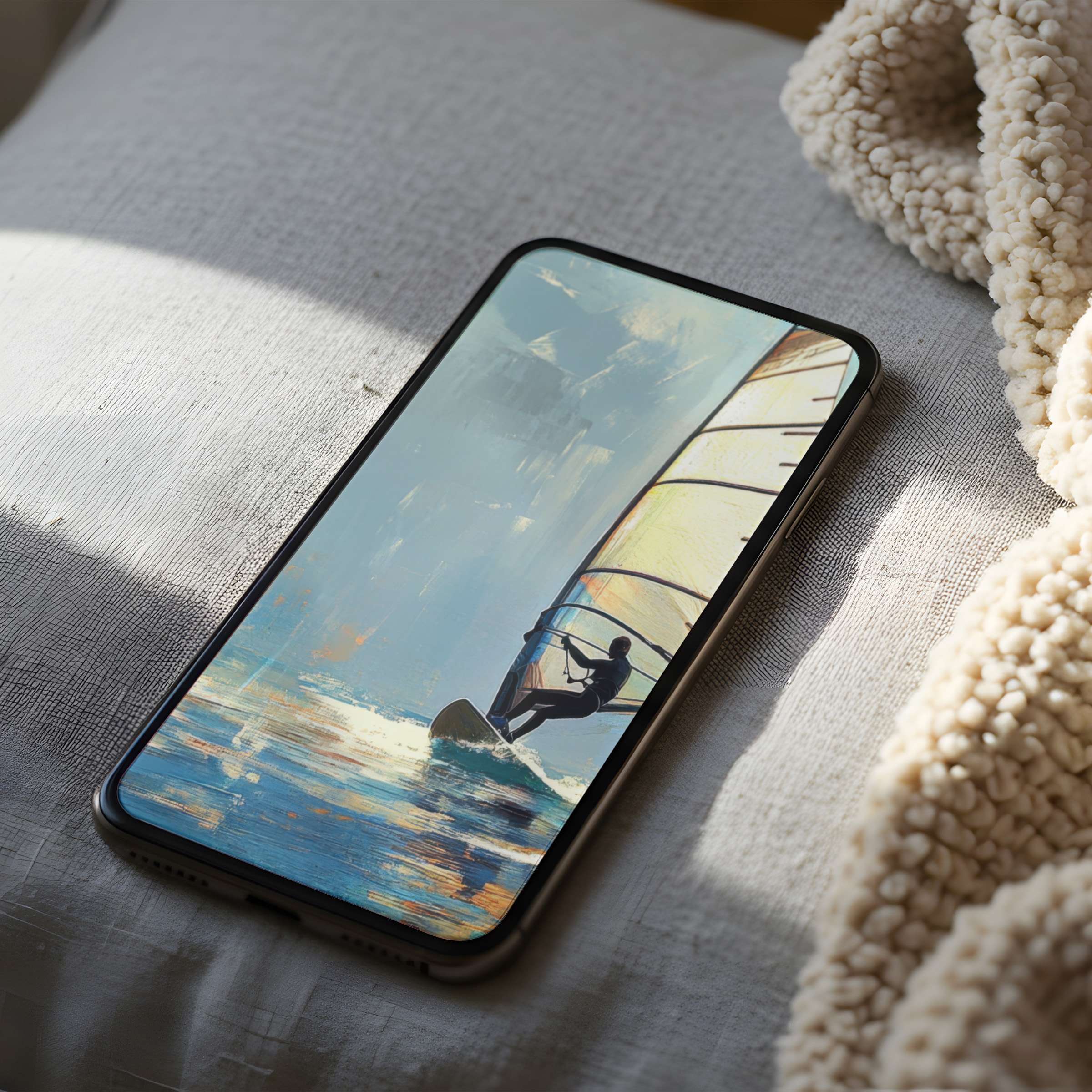 Dynamic windsurfing digital art phone wallpaper in soft blues and golds, curated for high resolution iPhone and Android download