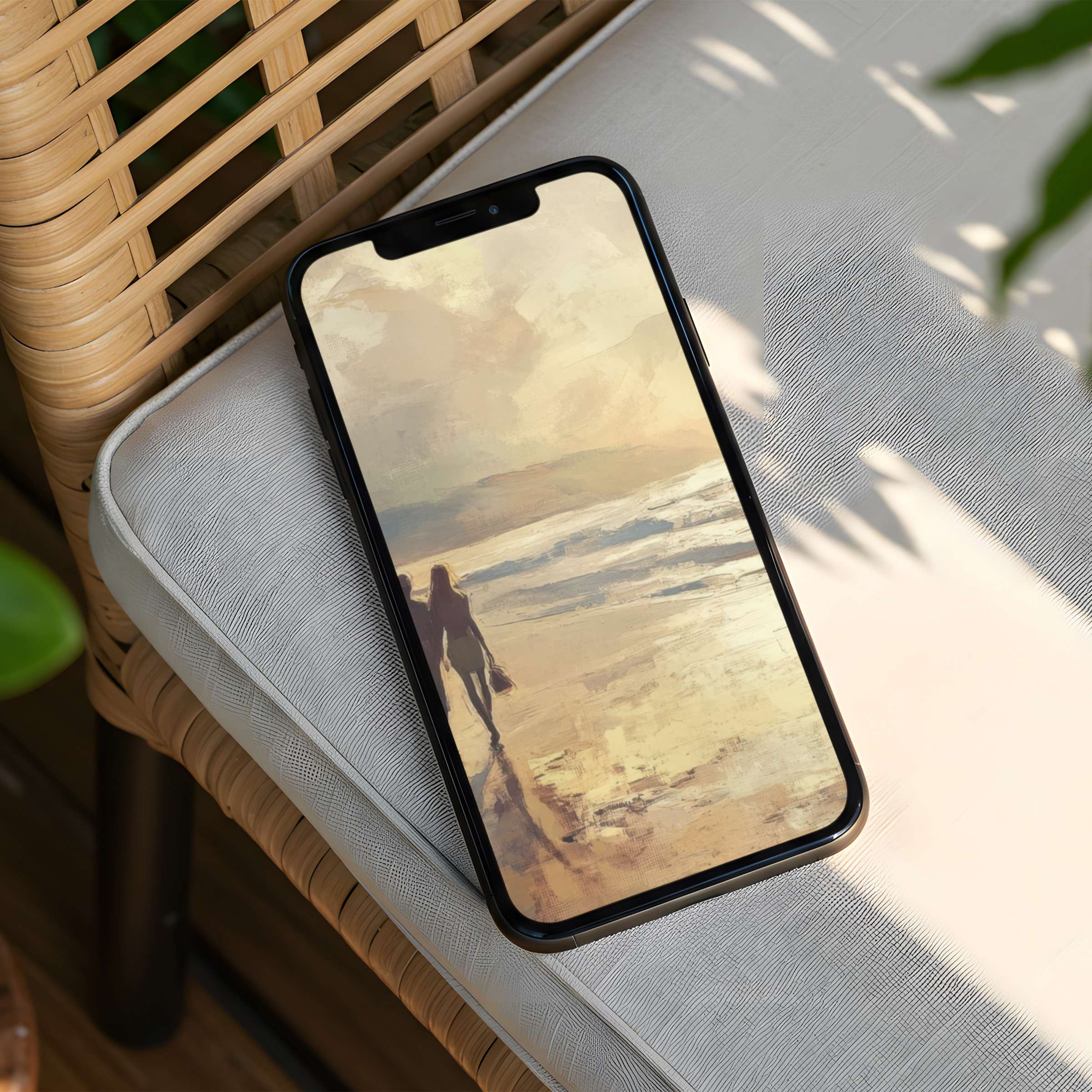 Elegant iPhone background with serene beach painting for instant download offers calm inspiration for phone aesthetics and mindfulness