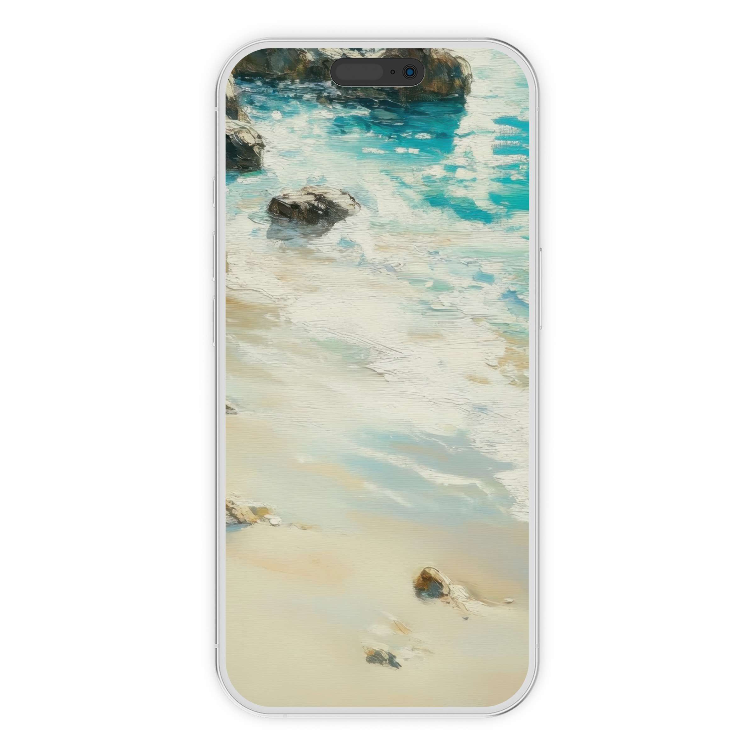 Elegant beach iPhone wallpaper with serene ocean hues, perfect phone background for digital download and calming aesthetics