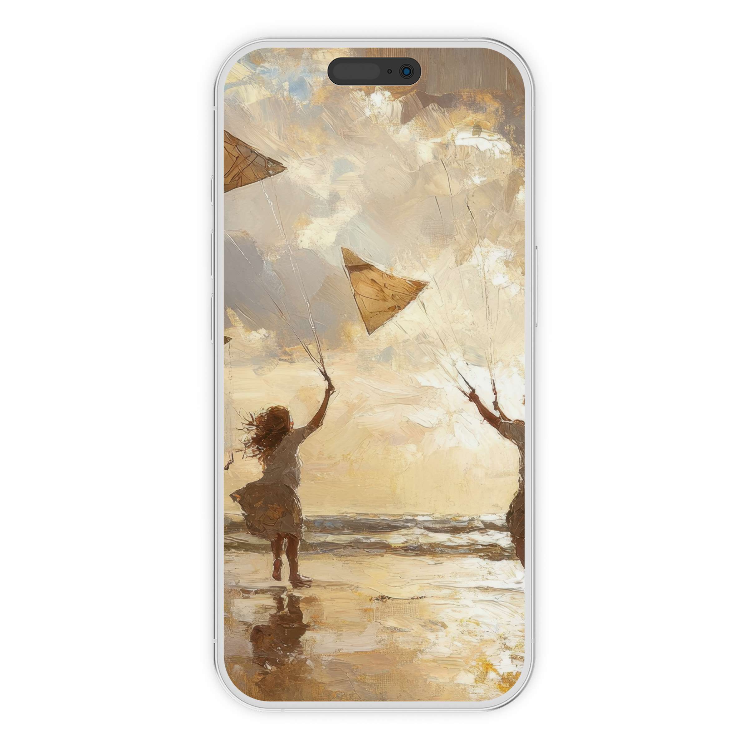 Serene beach iPhone wallpaper captures children flying kites in pastel hues, perfect phone background for a calming digital download