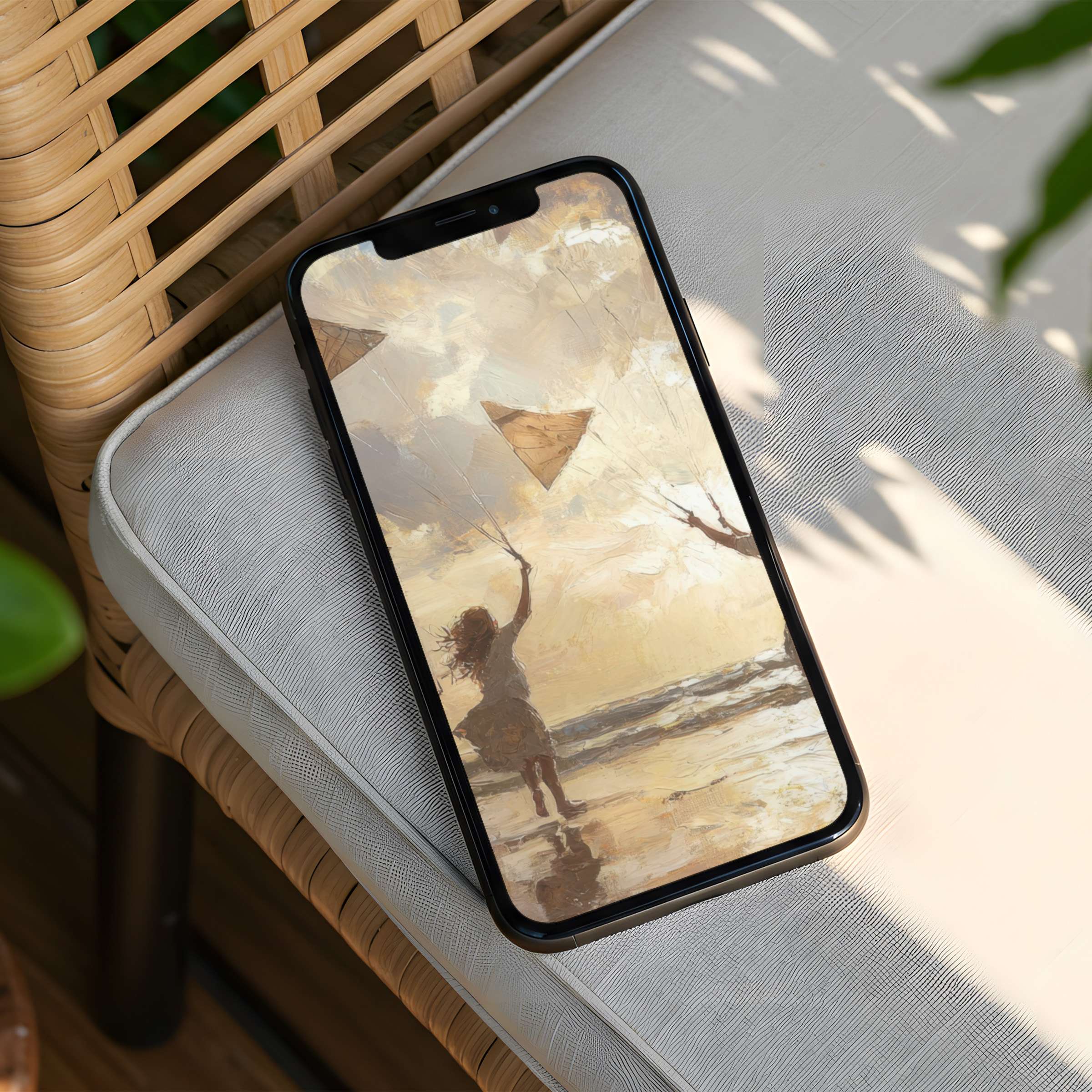 Elegant digital art of a serene beach scene with kites, perfect iPhone background for instant download to any phone inspiring calm