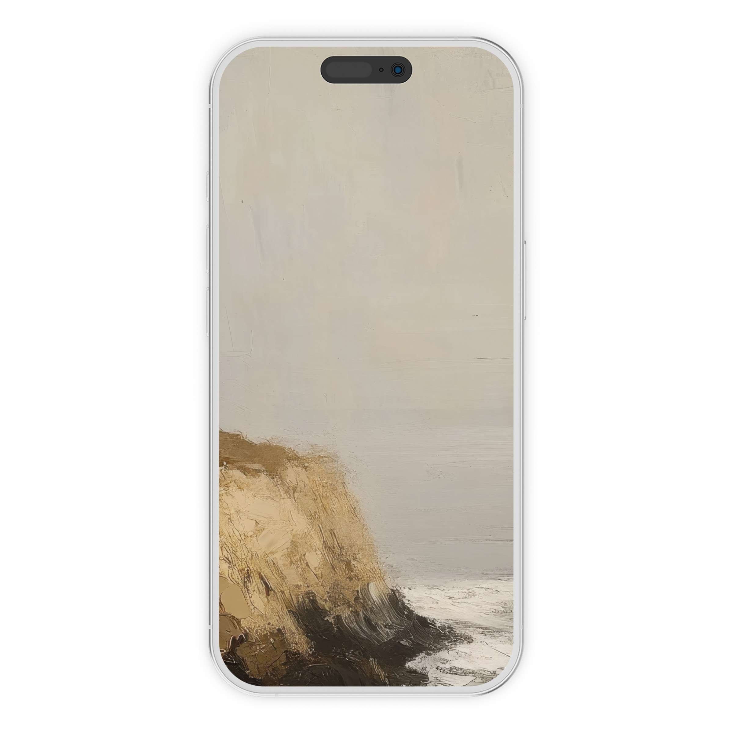 Elegant beach iPhone wallpaper featuring textured cliffs and serene ocean, perfect phone background for calm digital download art