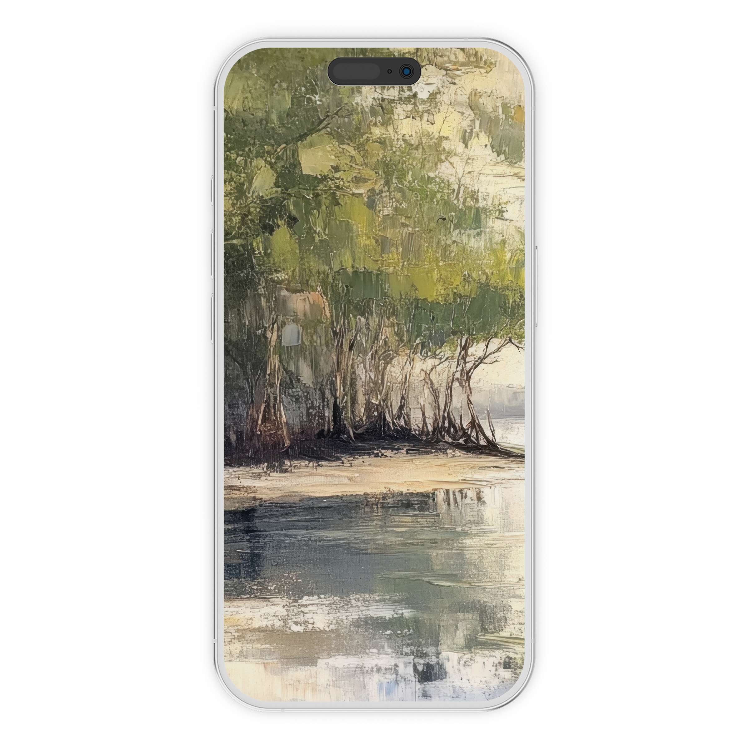 Elegant beach iPhone wallpaper digital download featuring serene mangroves and reflections, perfect phone background for a tranquil aesthetic