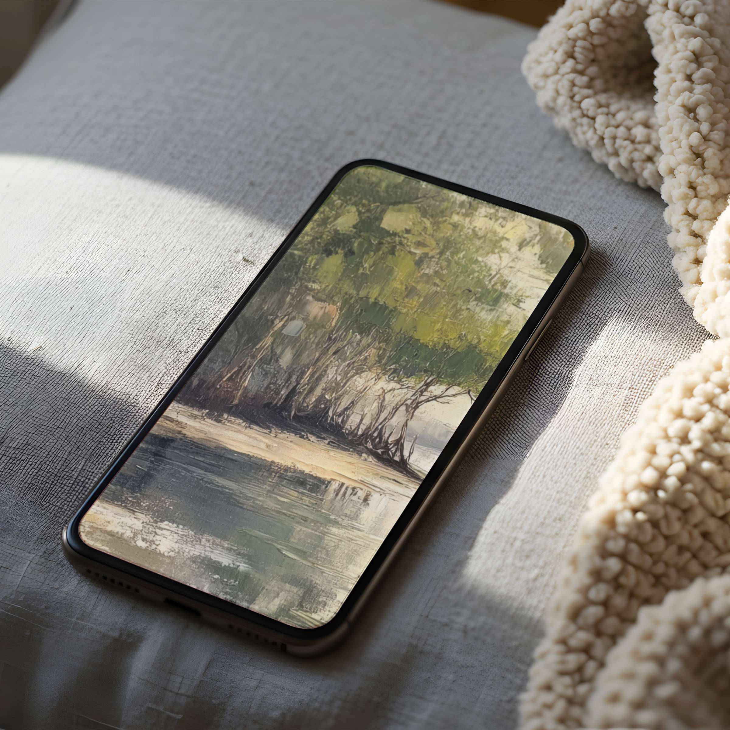 Serene forest landscape phone wallpaper in high resolution offers tranquility and elegance for iPhone and Android digital download