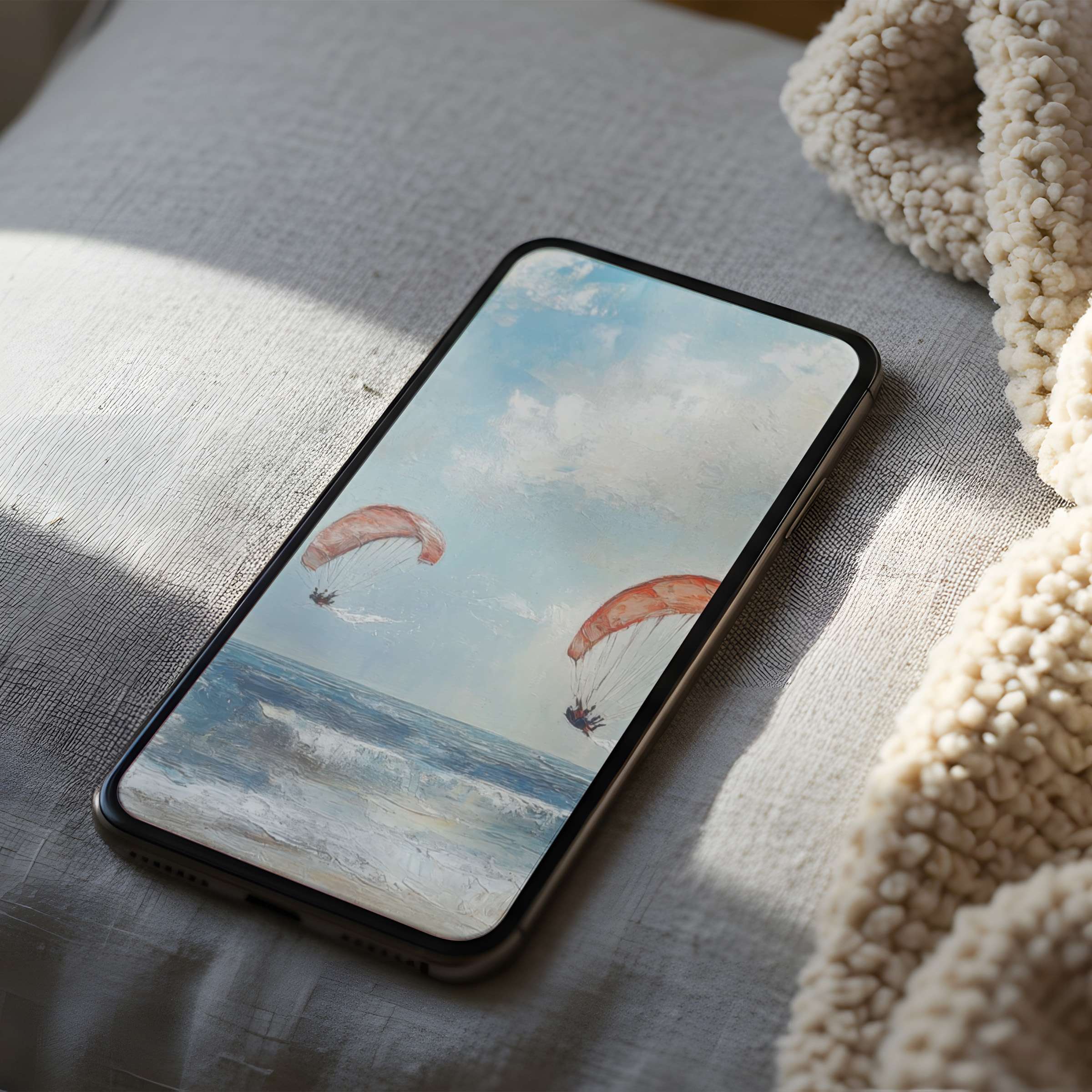 Tranquil beach scene phone wallpaper featuring paragliders over ocean waves in high resolution, perfect for iPhone and Android digital download