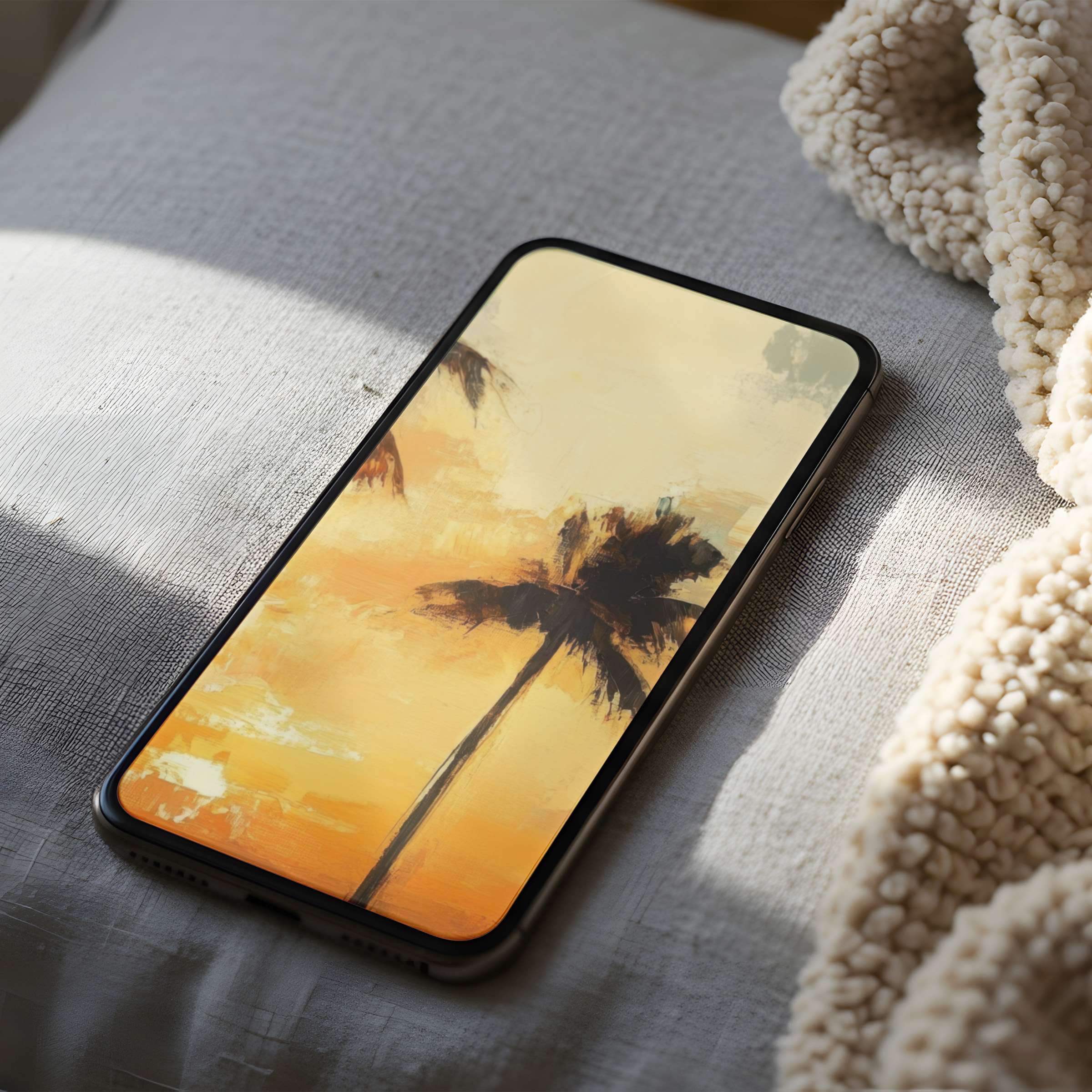 Curated phone wallpaper featuring serene palm silhouettes against a golden sky, perfect for high-resolution downloads on any smartphone