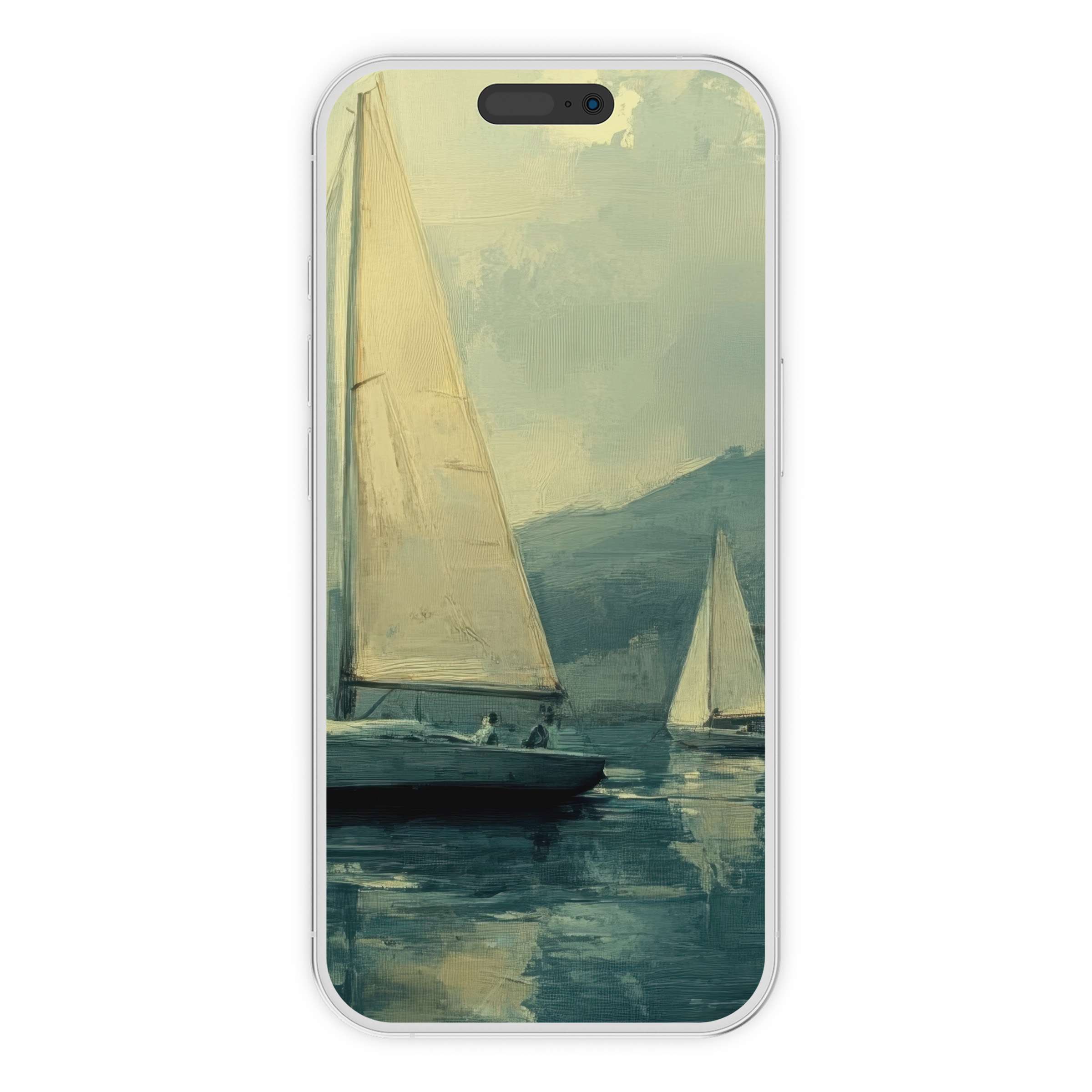 Serene beach iPhone wallpaper featuring sailboats on calm waters in soft brushstrokes ideal phone background digital download
