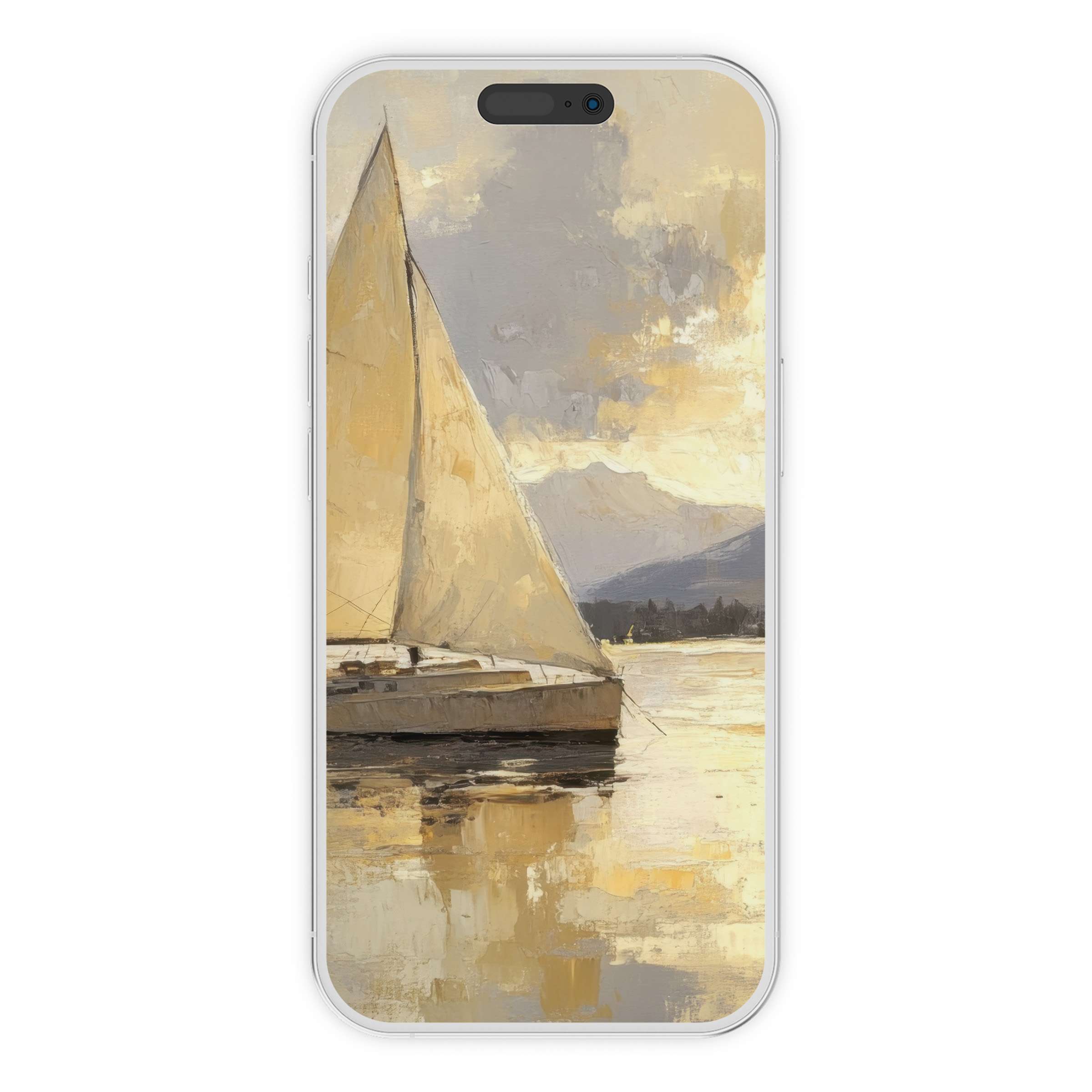Serene beach iPhone wallpaper digital download with elegant sailboat painting for phone background creating tranquil aesthetics