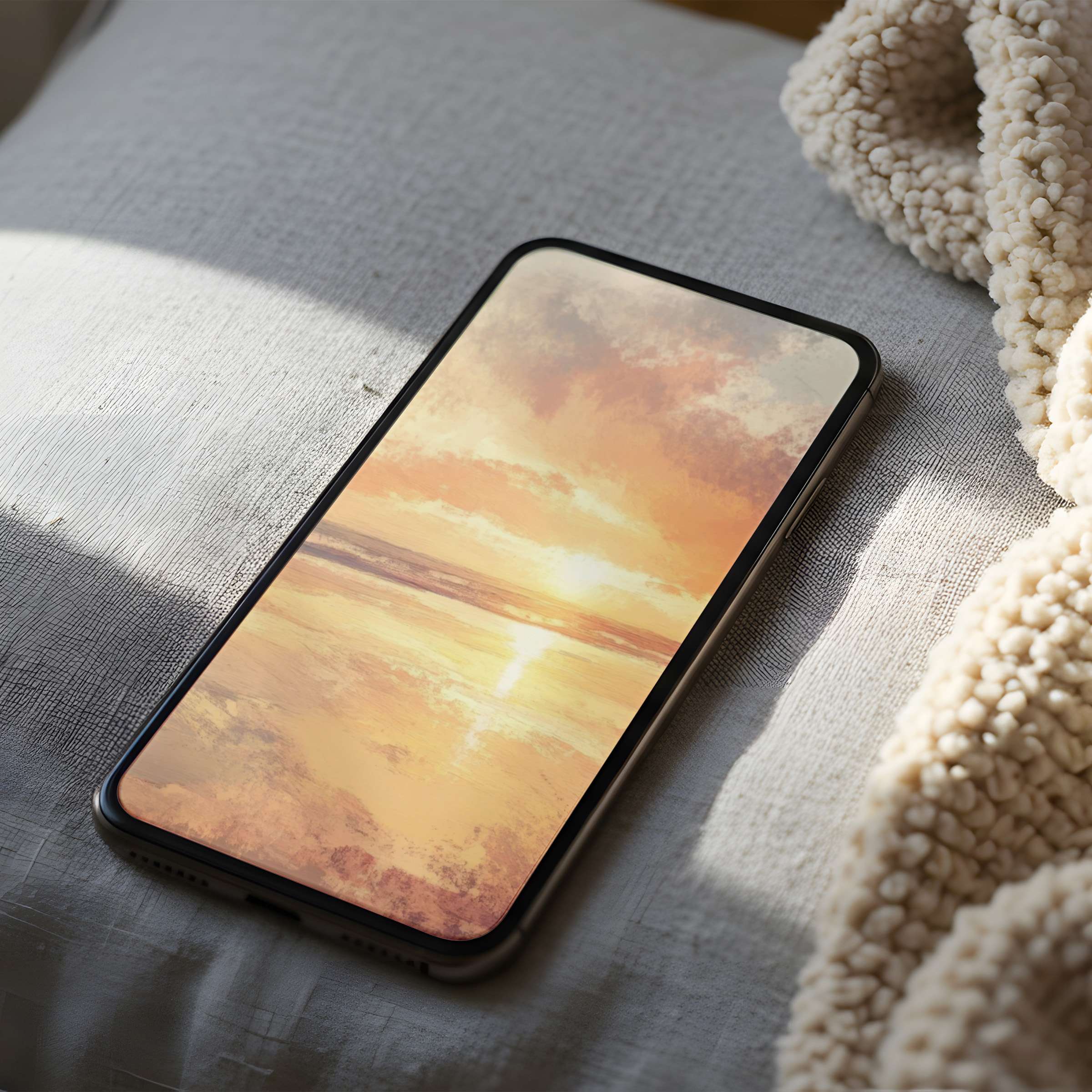Elegant sunset phone wallpaper with warm hues on a high-resolution screen, perfect digital download for iPhone and android users seeking tranquility