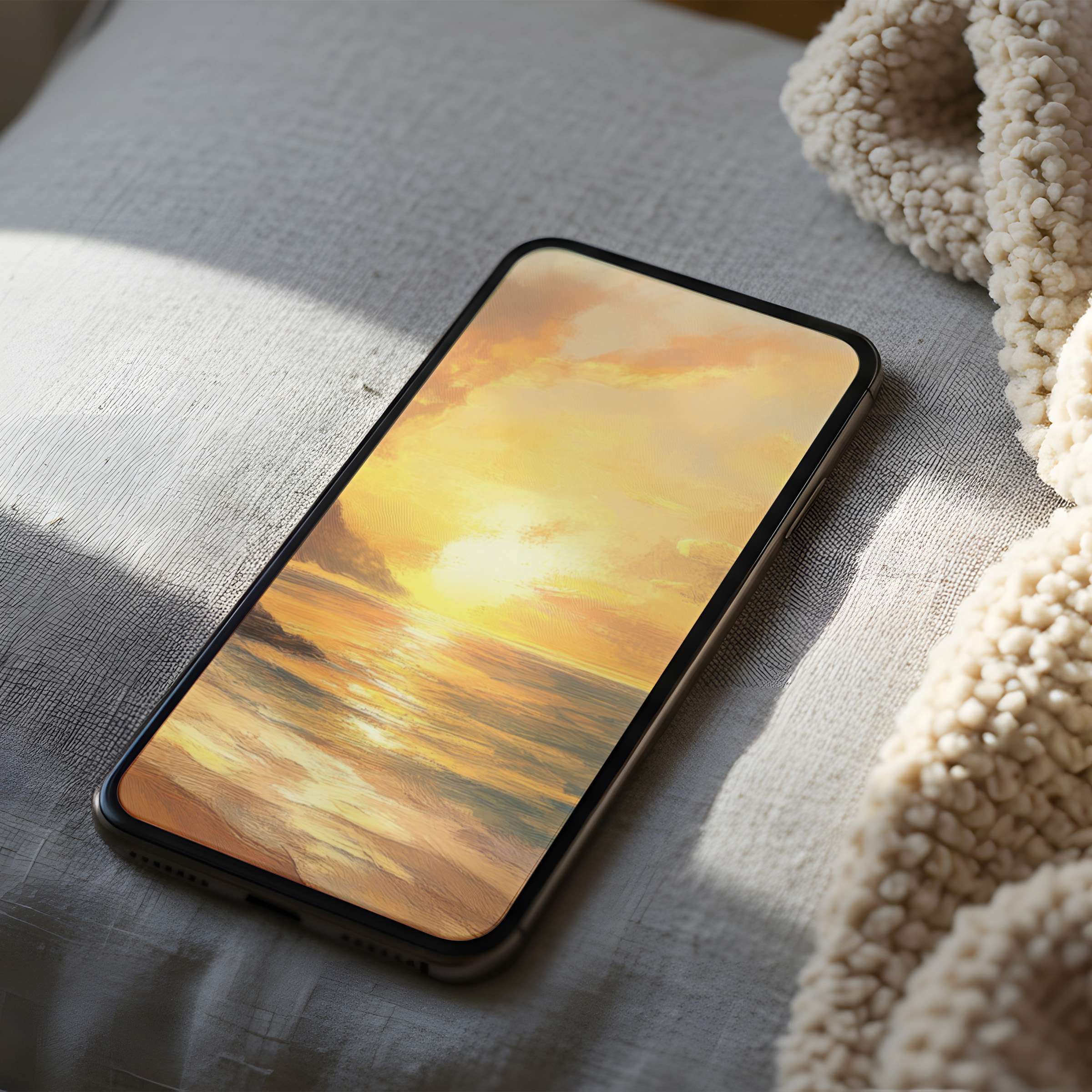 Calming sunset phone wallpaper in high resolution captures warm hues on serene ocean waves, ideal for iPhone and android tranquility seekers