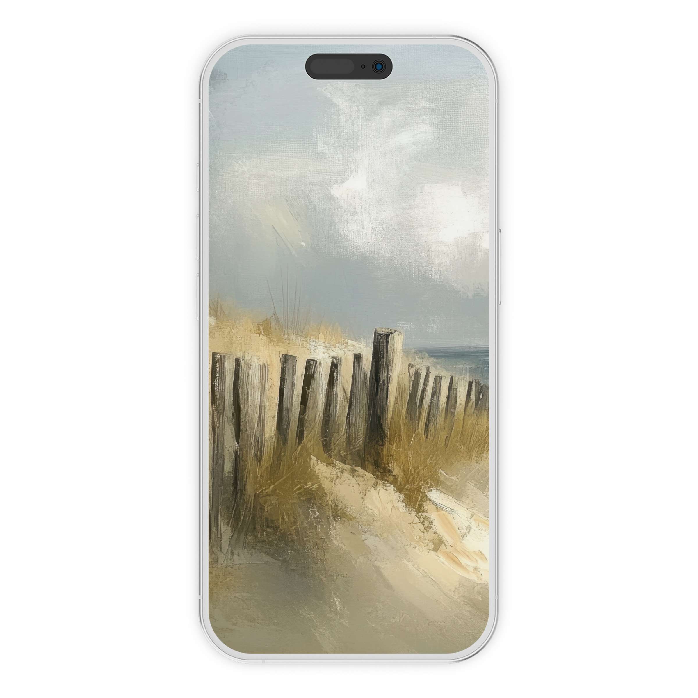 Beach iPhone wallpaper featuring serene sandy dunes and wooden posts in a soft pastel palette digital download for your phone background