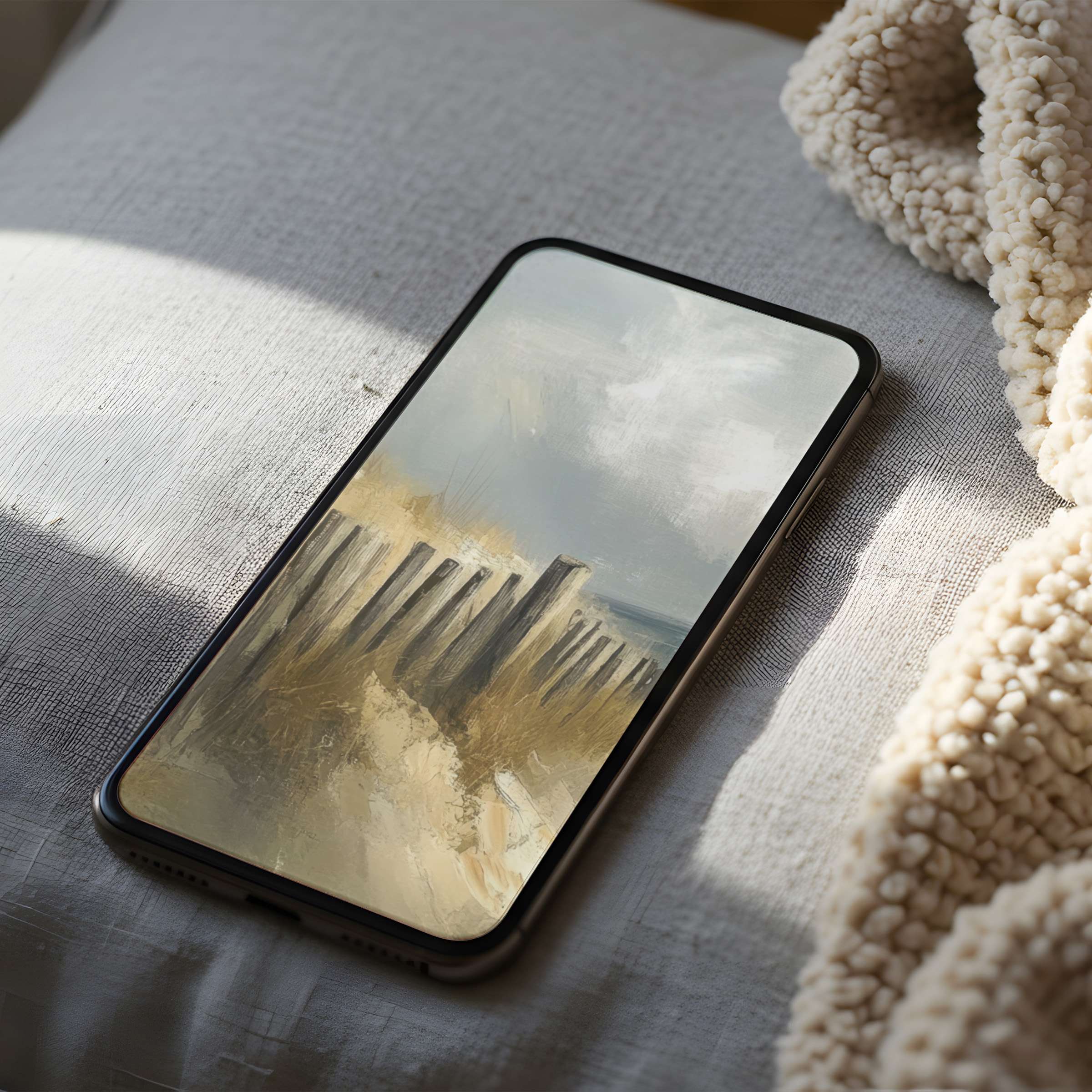 Tranquil phone wallpaper with soft coastal painting in neutral tones, perfect for iPhone and android, offering calming elegance in high resolution