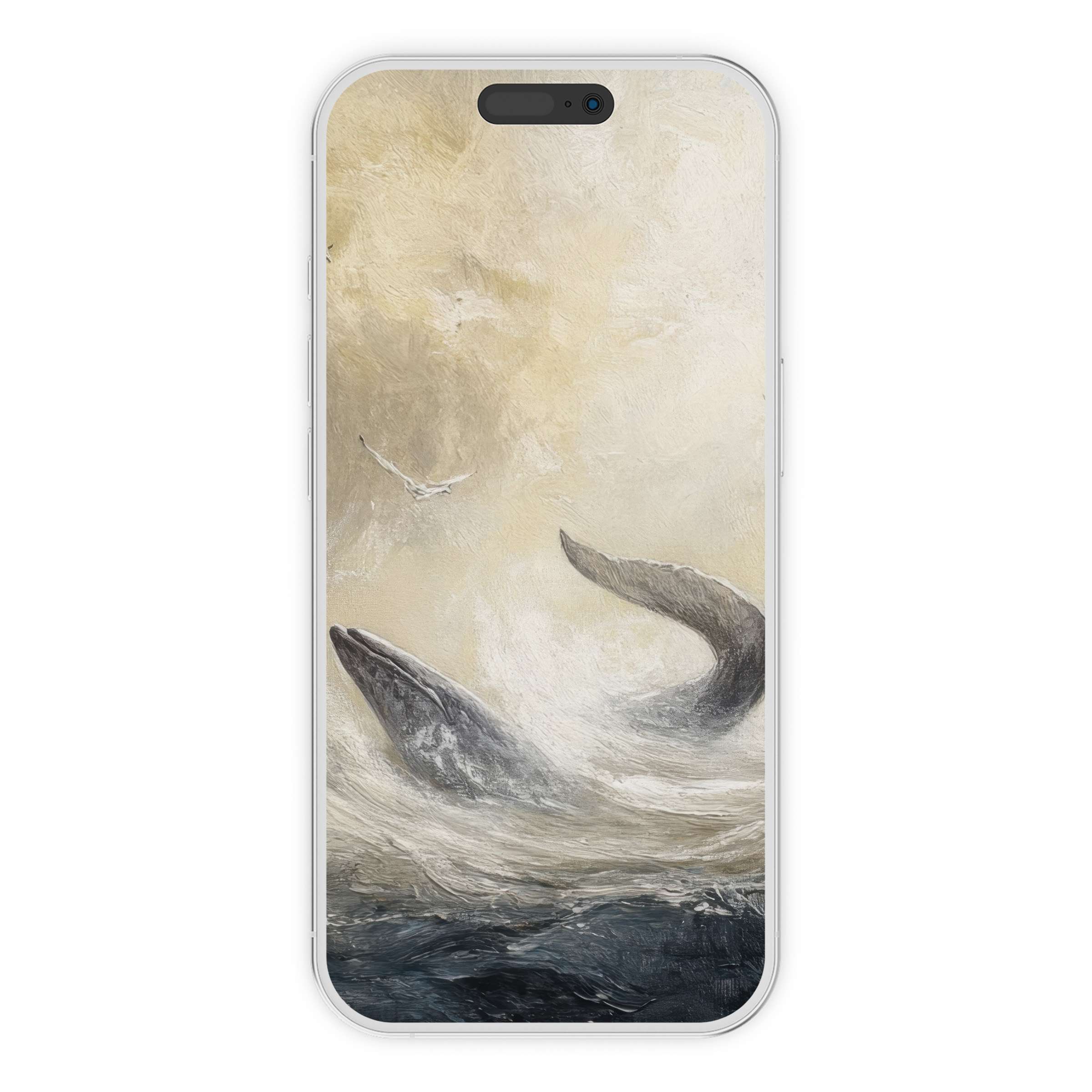 Elegant beach iPhone wallpaper featuring serene waves and whale tails, ideal phone background digital download for calm aesthetics