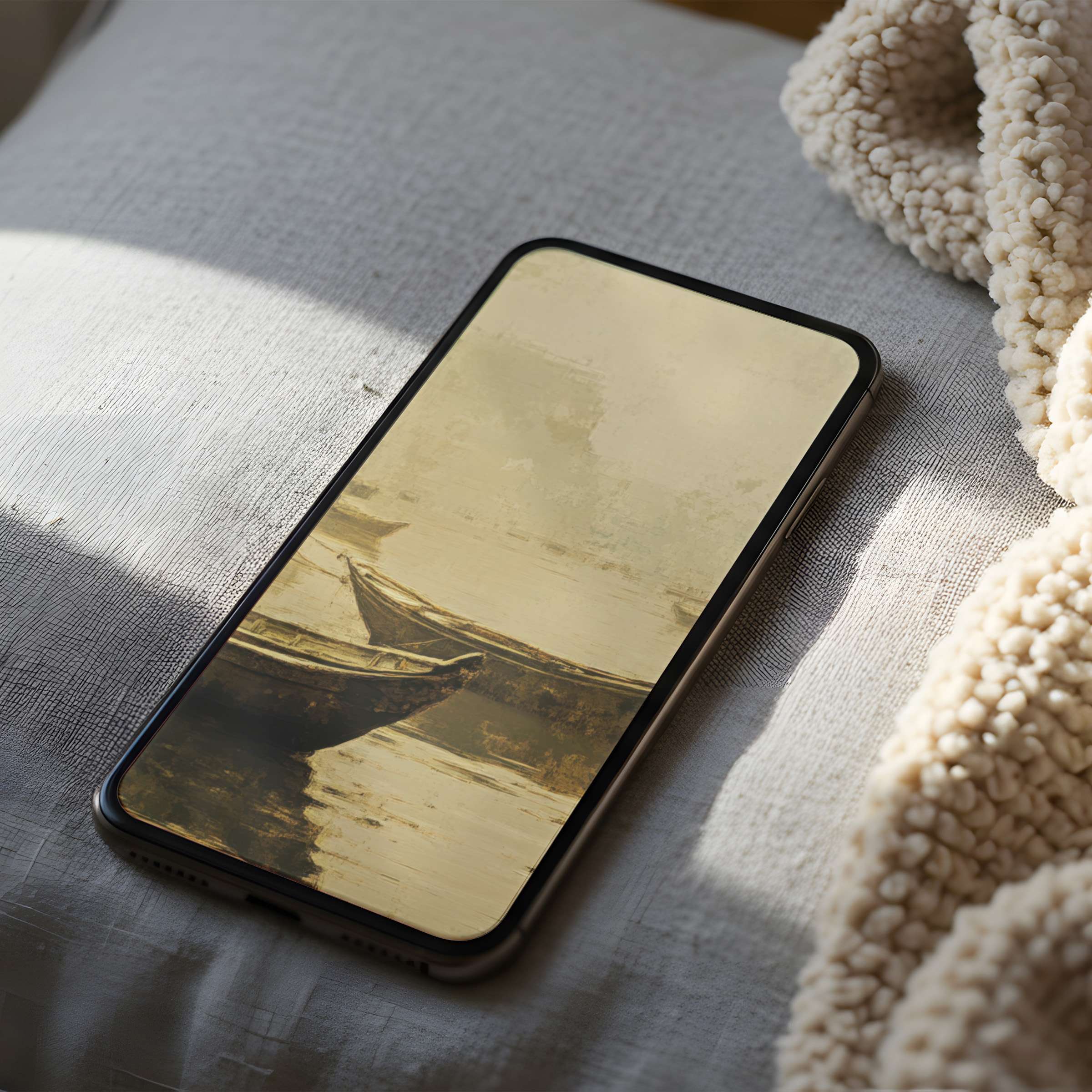 Elegant sepia-toned phone wallpaper featuring serene boats on water, ideal for iPhone, offering calming high-resolution digital download