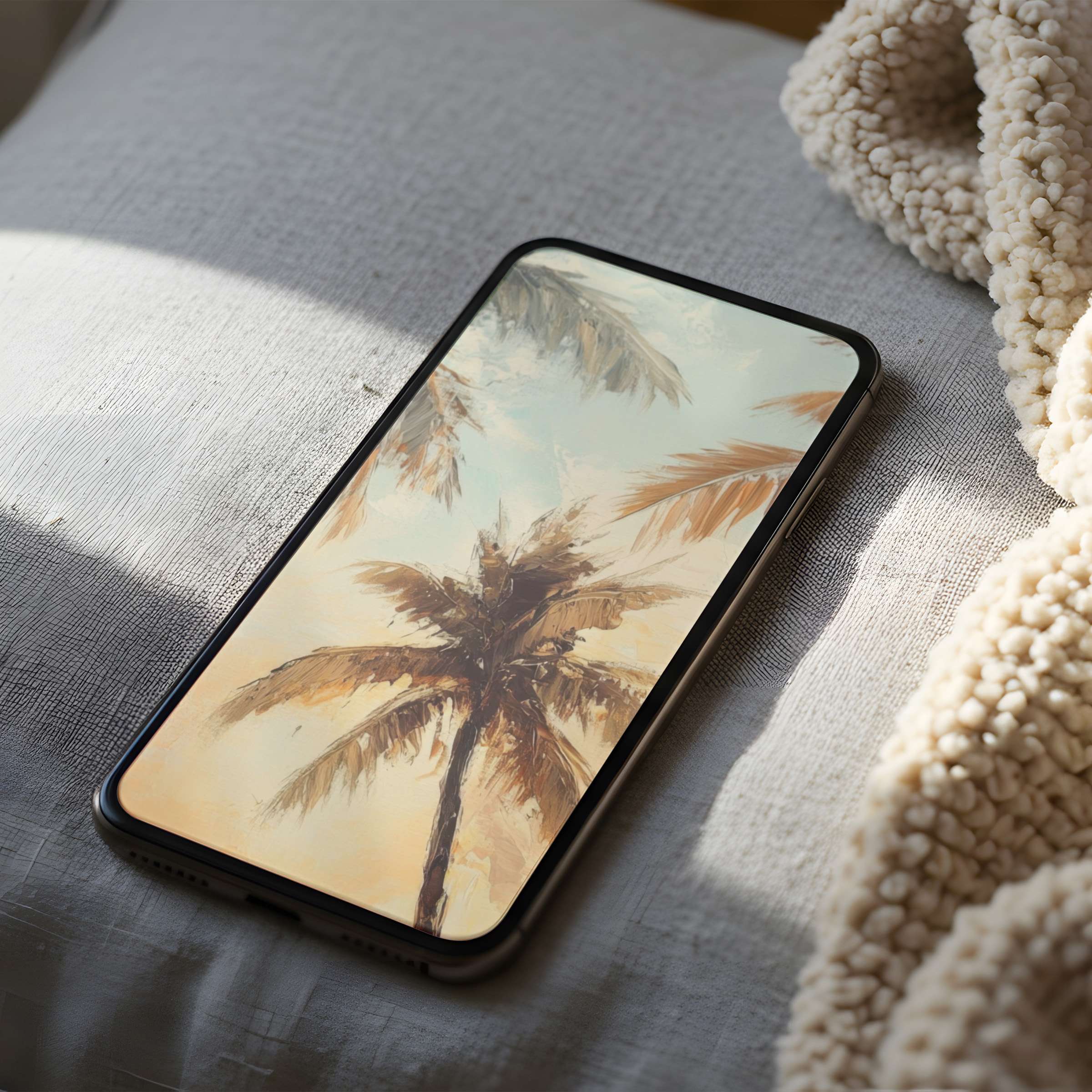 Elegant palm tree phone wallpaper in high resolution evokes tranquility, perfect for iPhone and Android, offering a calming digital download
