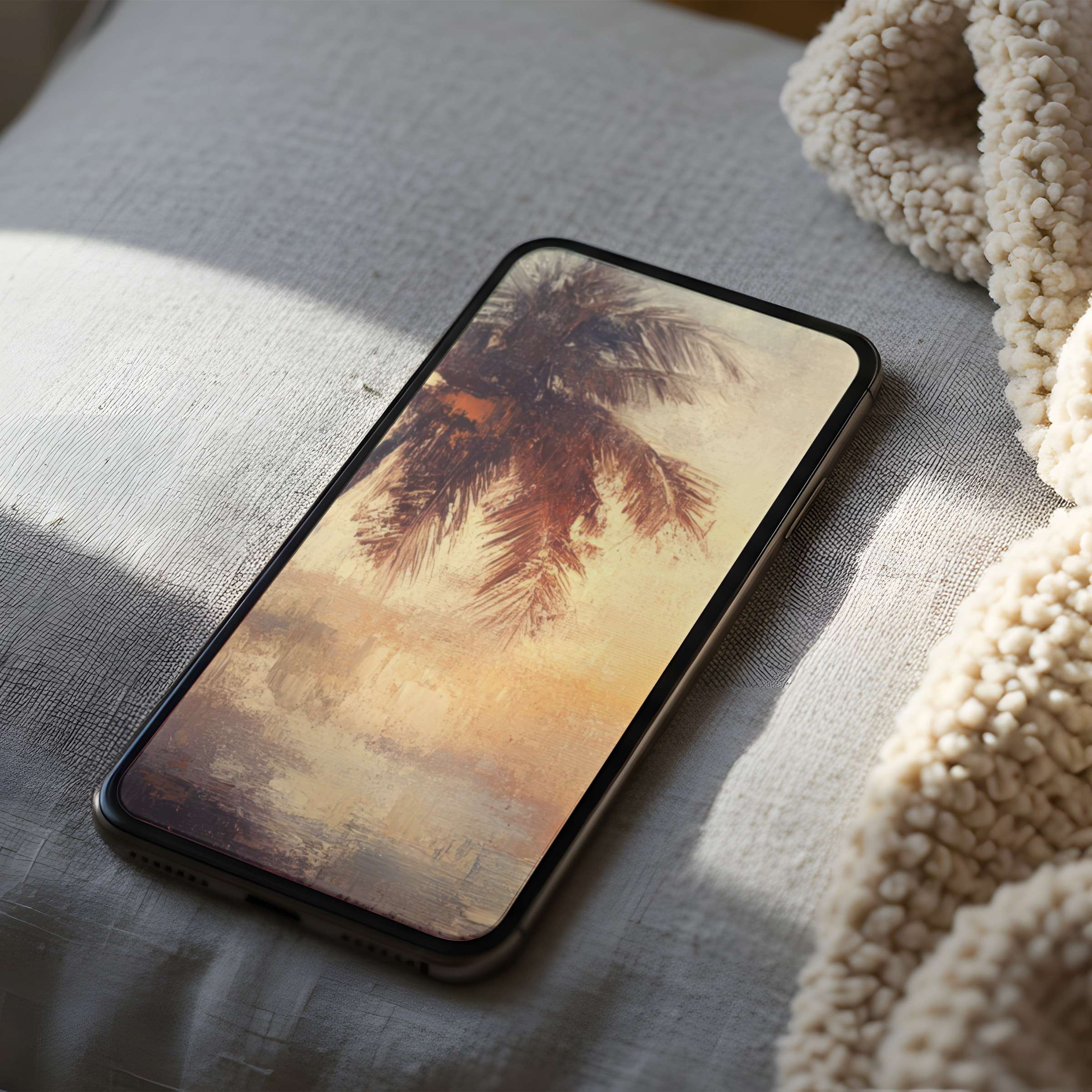 Tranquil palm sunset art phone wallpaper offers high resolution for iPhone and Android use, enhancing your serene digital collection
