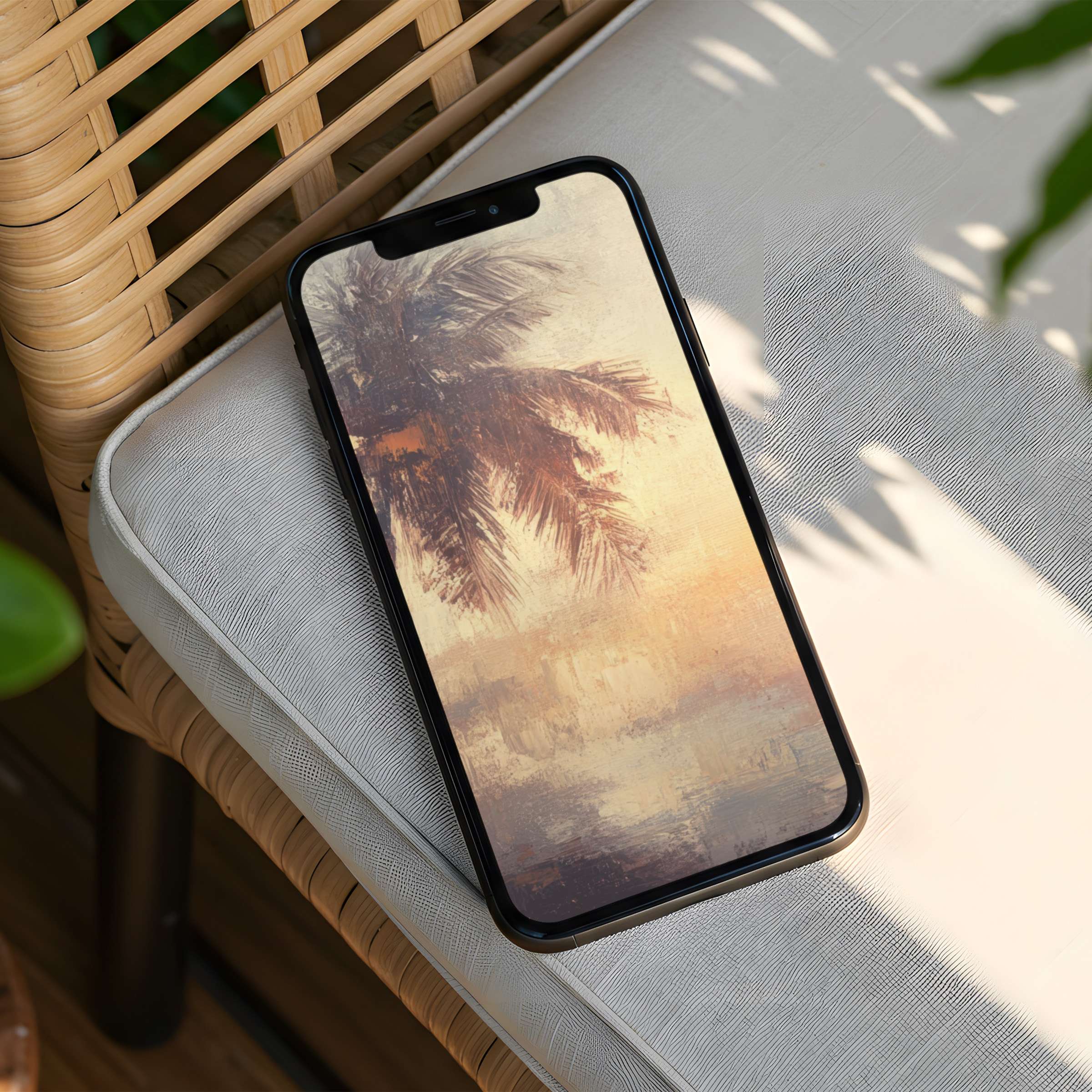 Elegant palm scenery iPhone background for instant download brings calm and inspiration to your phone with warm sunset hues