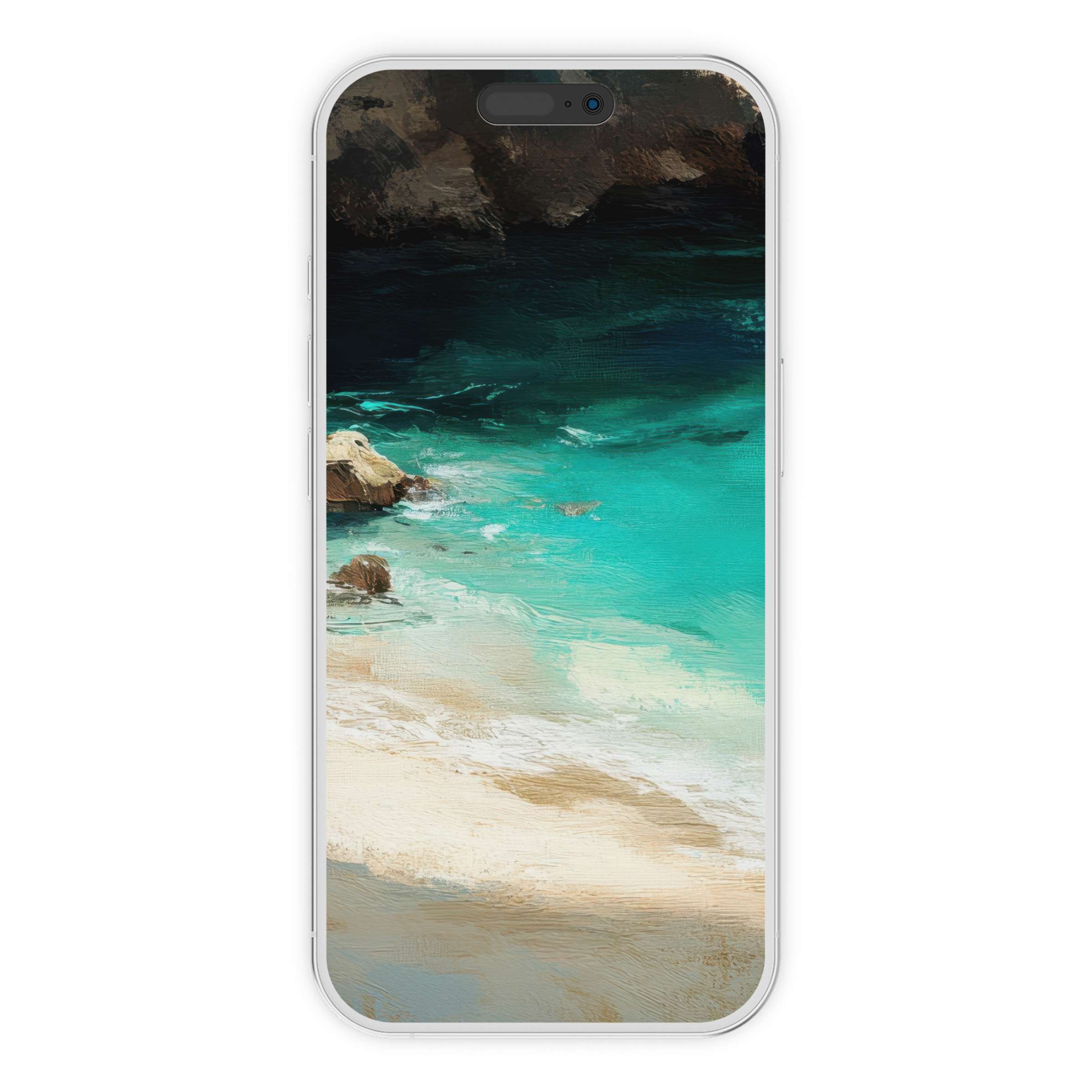 Tranquil beach iPhone wallpaper showcasing serene turquoise waters and sandy shores perfect for phone background digital download tranquility