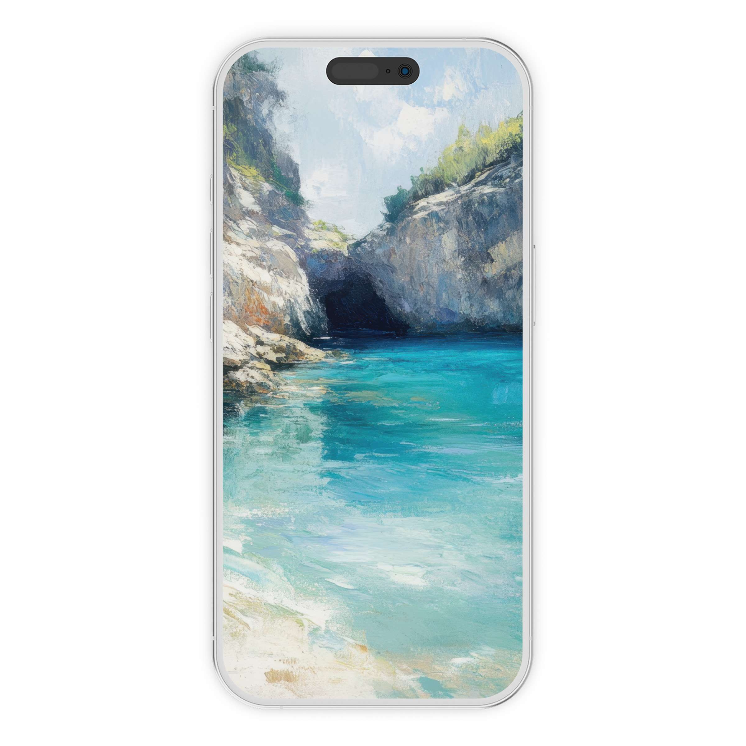 Elegant beach iPhone wallpaper with serene coastal scene in soft blues for calm phone background digital download suitable for Android