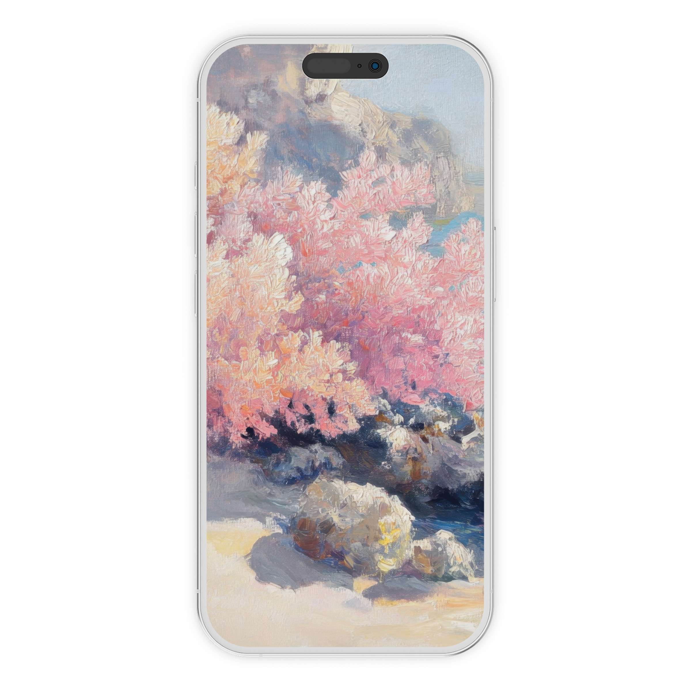 Serene beach iPhone wallpaper with pastel pink trees and ocean view offers a stunning phone background in a digital download format