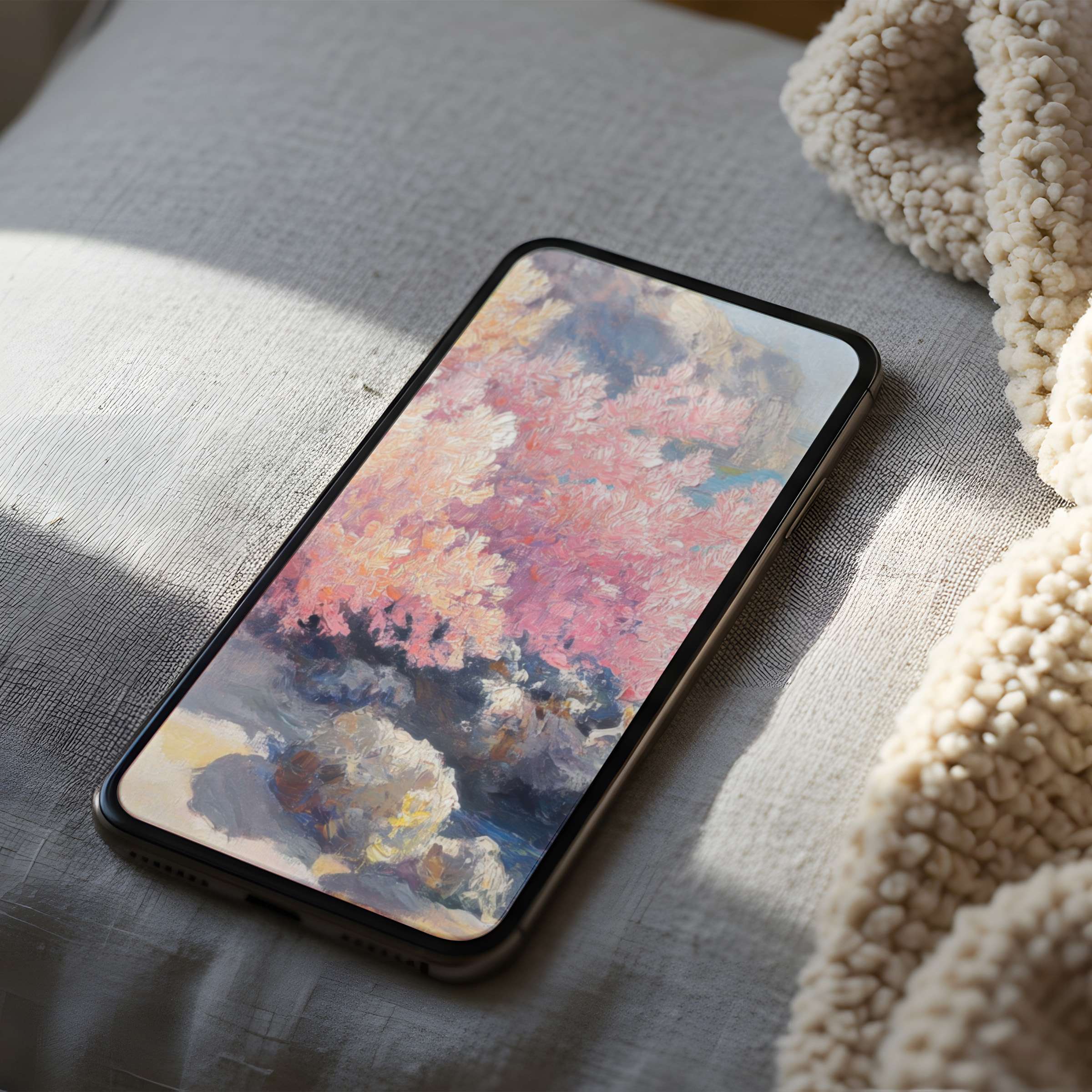 High resolution phone wallpaper featuring an elegant abstract painting in soft pink and gray tones offers tranquility for iPhone and Android
