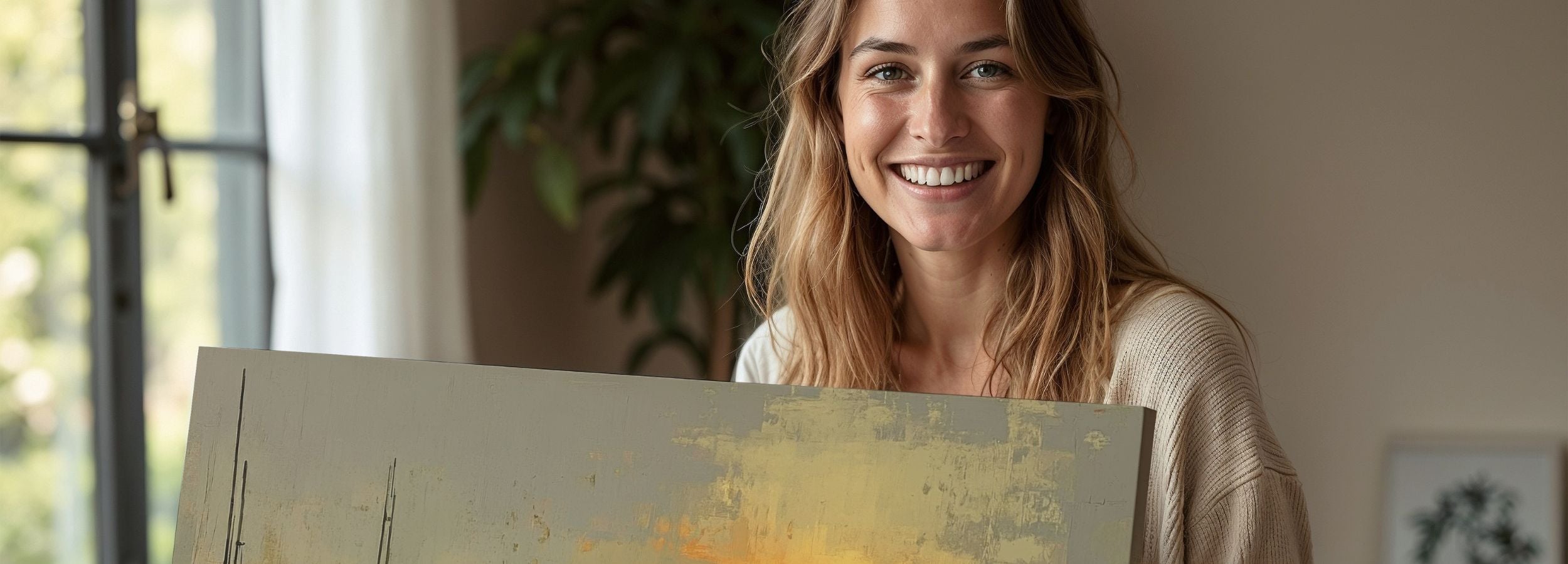 Smiling woman holding a large coastal sunset art print inside a cozy, softly lit living room; textured painting of a pier, warm orange sunset and calm reflective water - printable wall art for modern, curated home decor