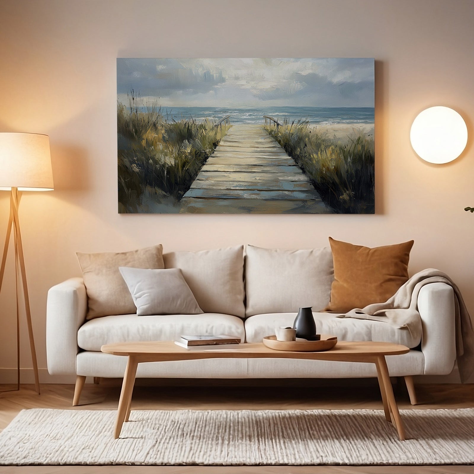 Beach printable wall art featuring a wooden boardwalk leading to the ocean, surrounded by coastal grasses, displayed above a modern neutral sofa for a calm coastal home aesthetic