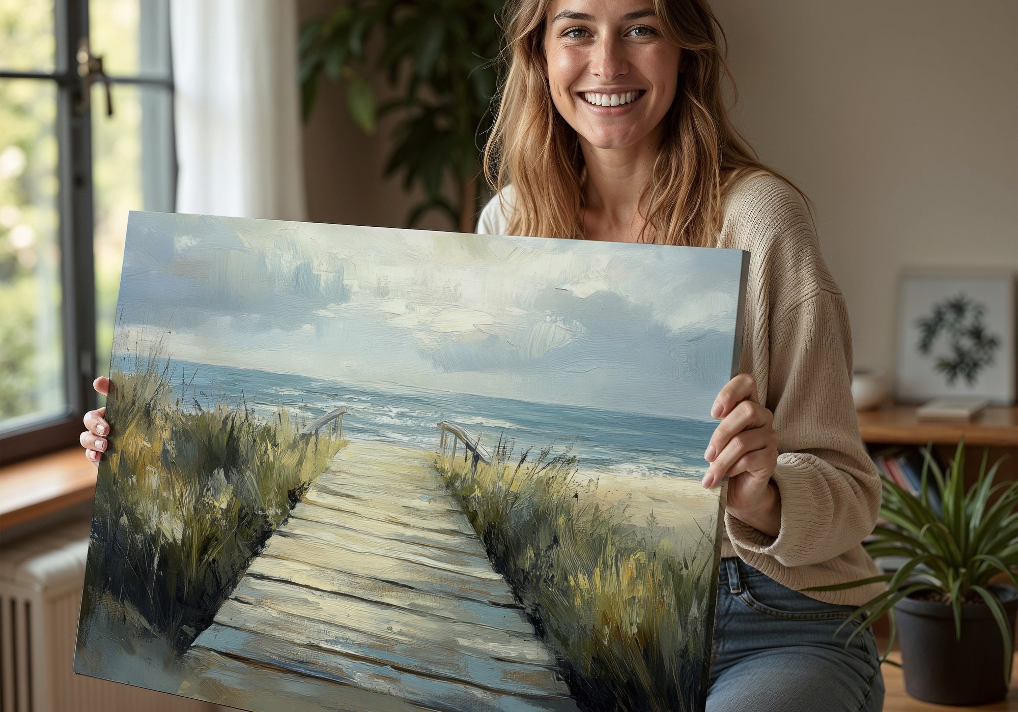 Smiling woman holding a coastal digital art print featuring a wooden boardwalk leading to the beach under a bright sky, styled in a cozy home setting with natural light