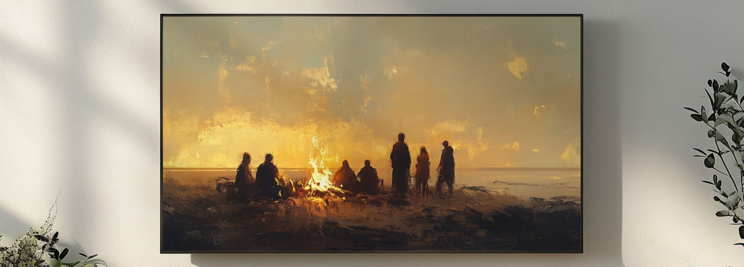 Beach Frame TV art featuring a warm sunset campfire scene in painterly style