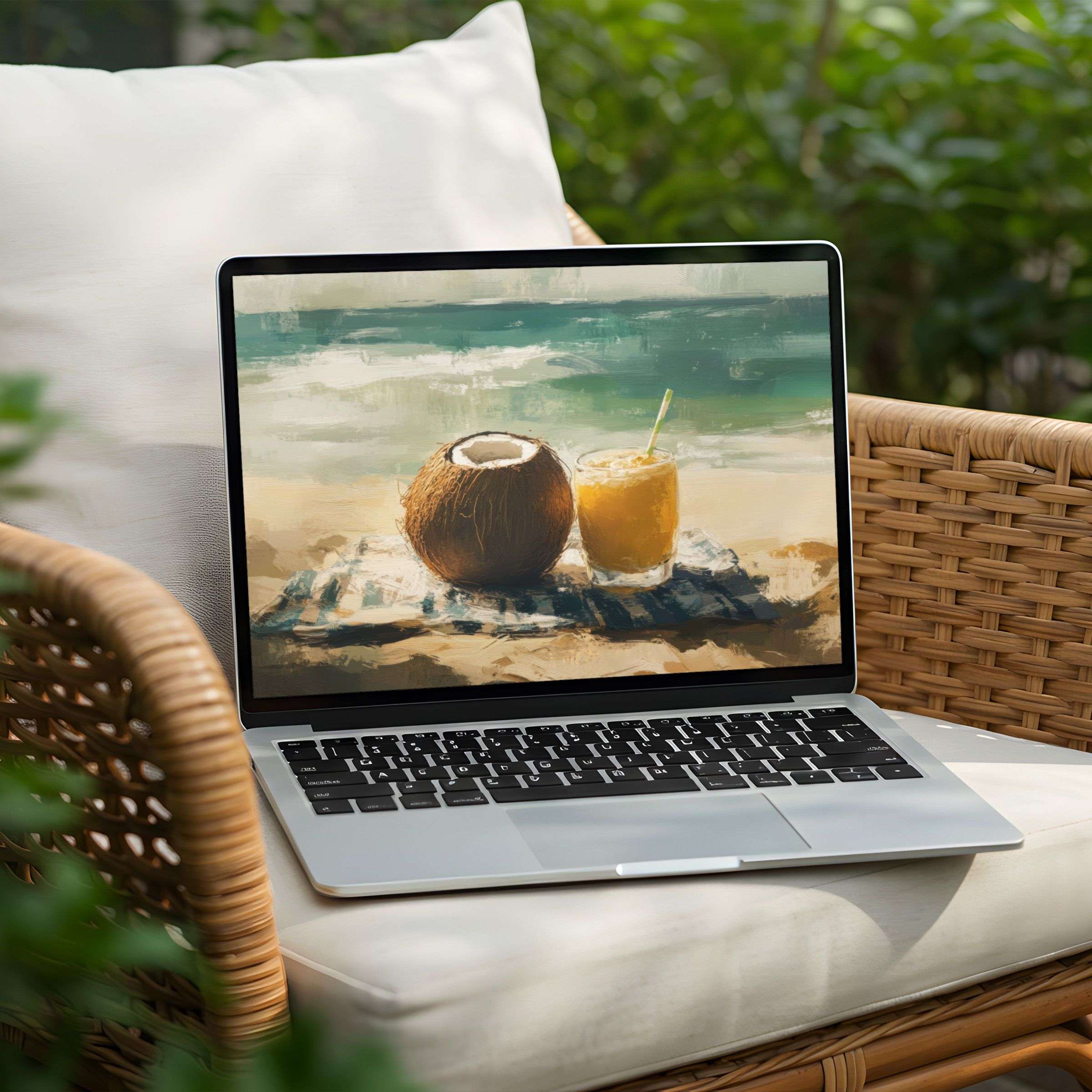 Beach-inspired desktop wallpaper featuring a coconut and tropical drink on a towel by the ocean, displayed on a laptop in a cozy outdoor setting