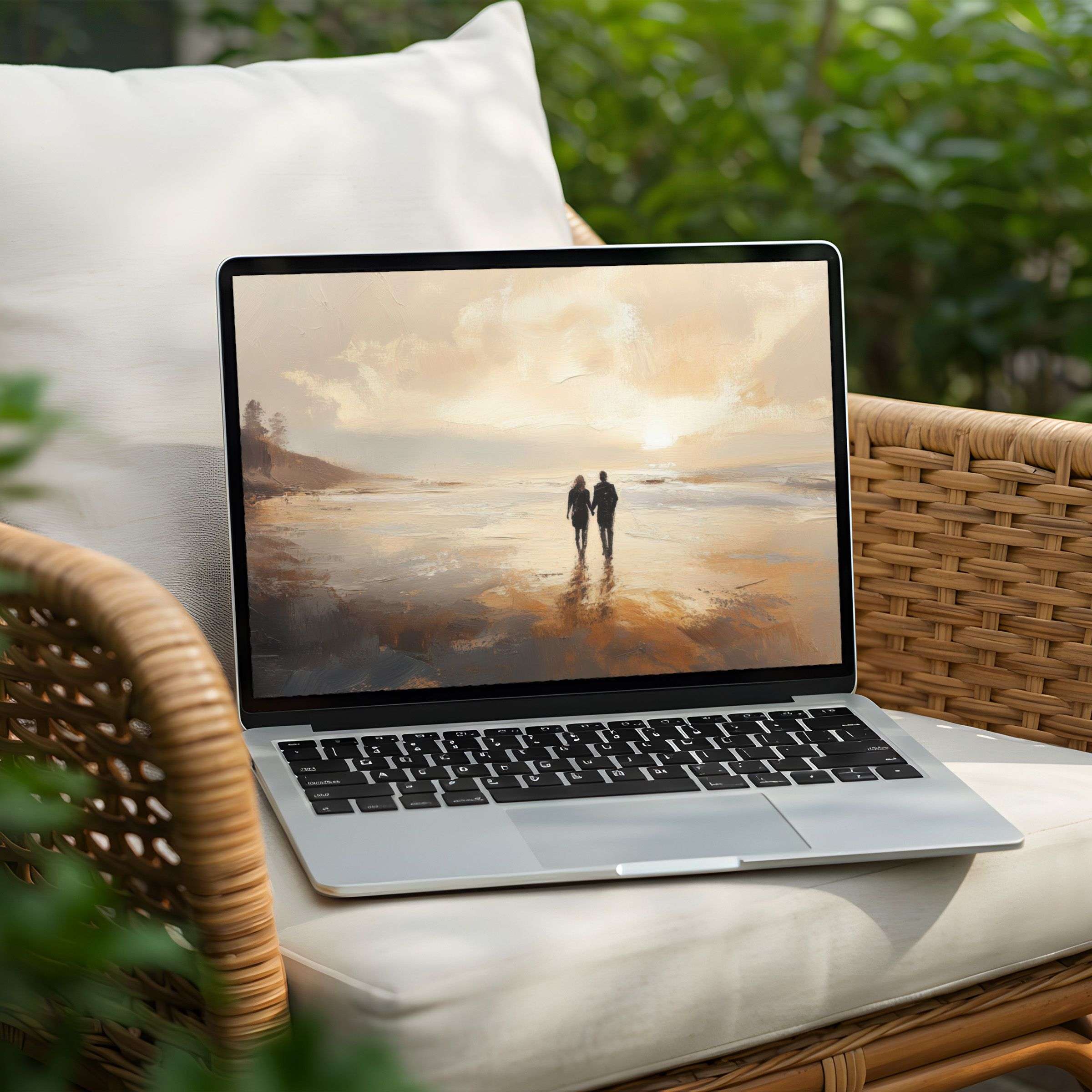 Beach desktop wallpaper featuring a couple walking along the shoreline at sunset - a serene, romantic digital artwork that brings warmth and calm coastal vibes to your screen