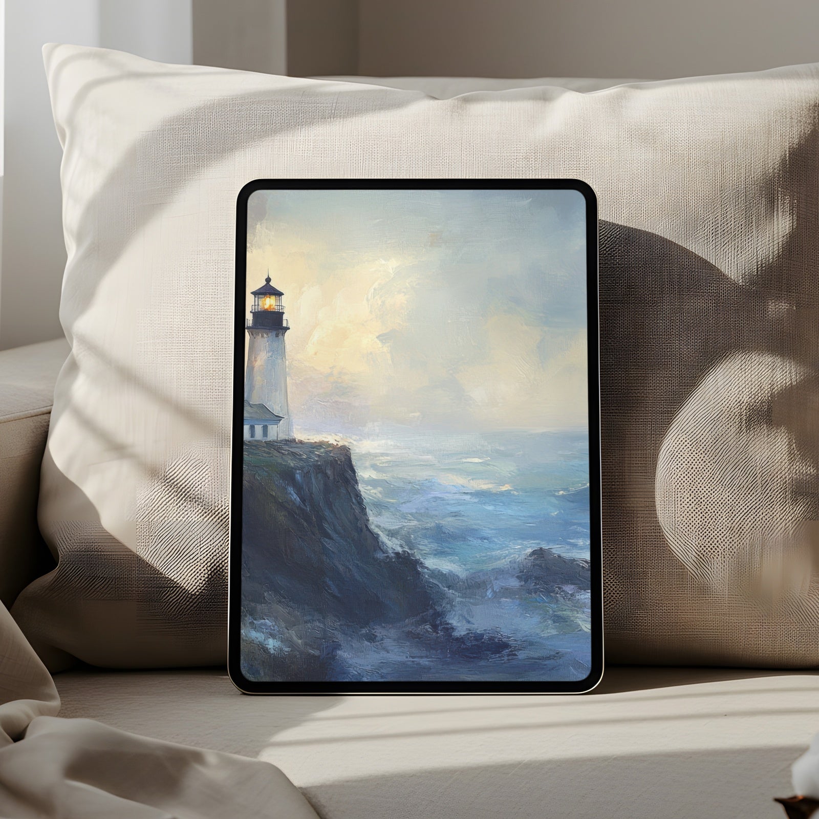 Coastal iPad wallpaper featuring a serene lighthouse painting overlooking the ocean. A calming and artistic digital background that brings coastal charm, tranquility and timeless elegance to your tablet screen