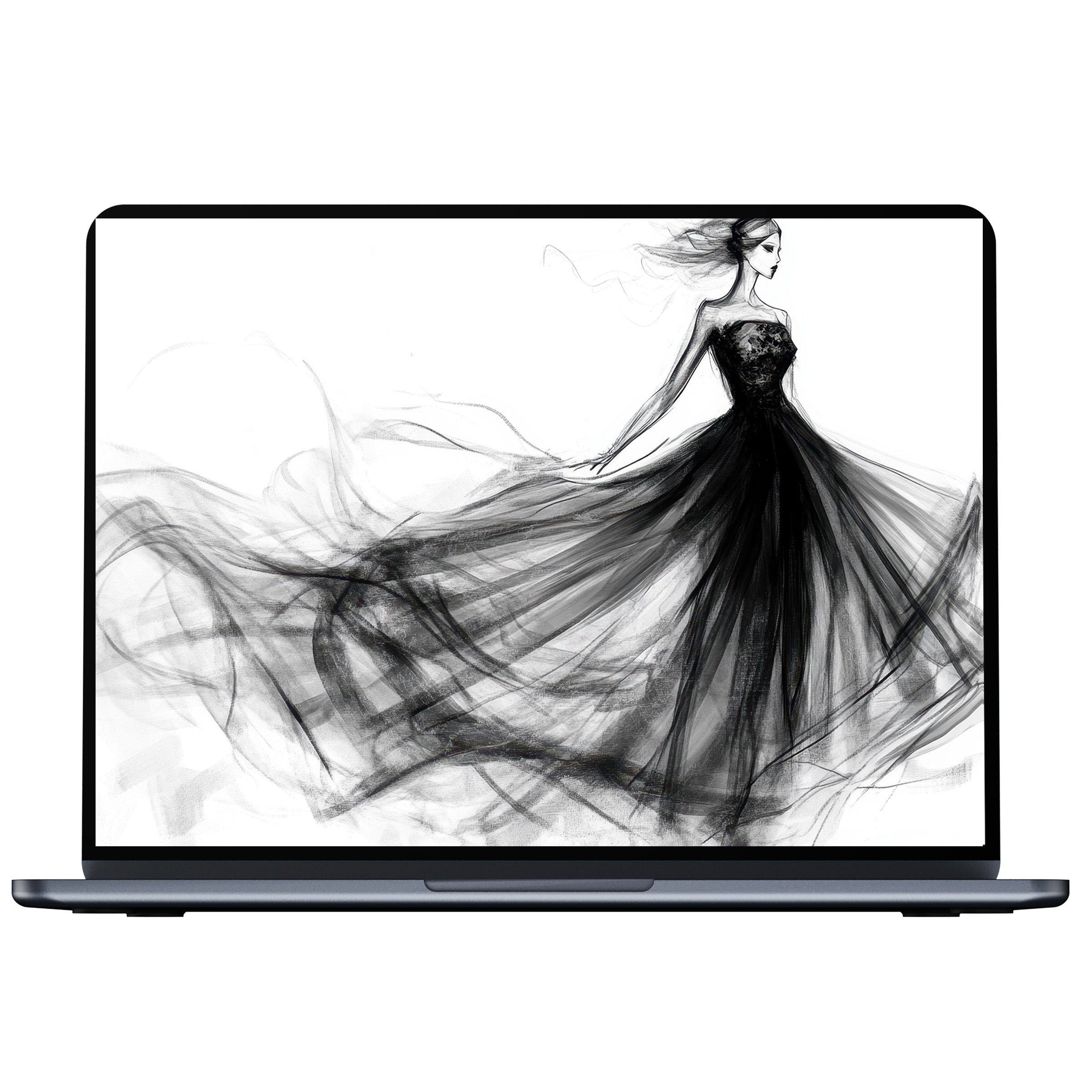 Elegant black and white desktop wallpaper digital download featuring a graceful figure in flowing dress ideal for PC and laptop users