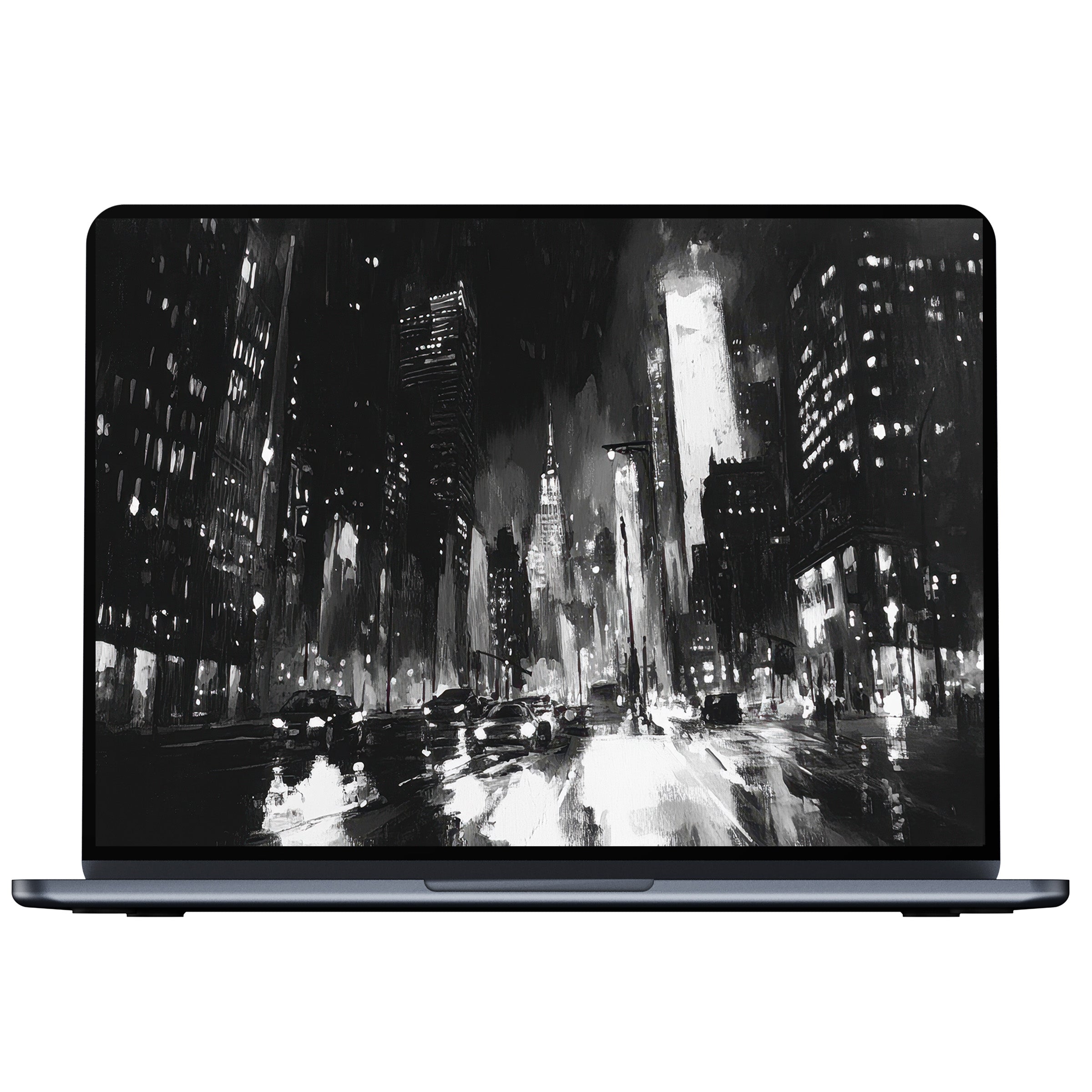 Black and white desktop wallpaper featuring a cityscape at night ideal for digital download on PC or laptop enhancing calm and elegance
