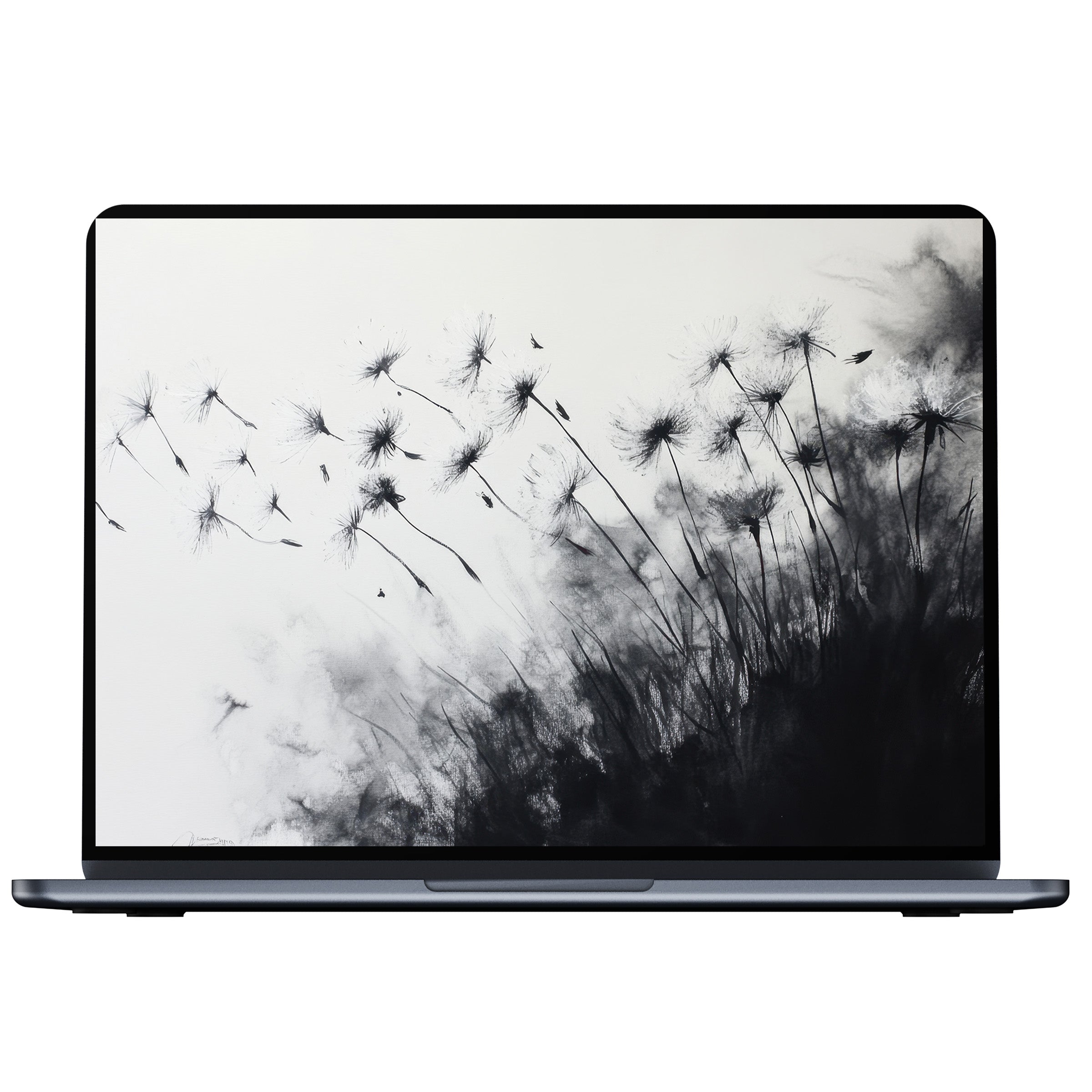 Elegant black and white desktop wallpaper with delicate dandelions, inspiring calm and mindfulness, perfect for PC or laptop digital download