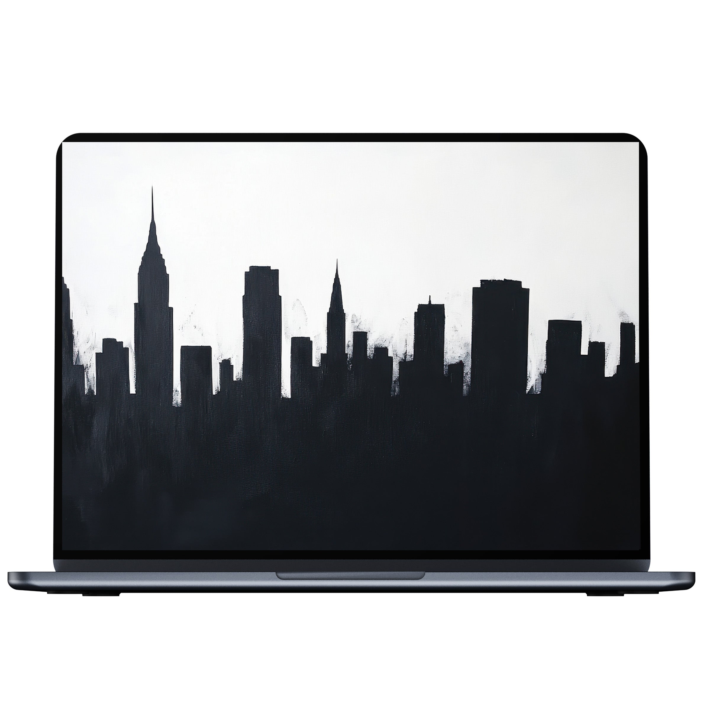 Black and white desktop wallpaper showcasing a minimalist city skyline for PC and laptop digital download inspiring calm elegance