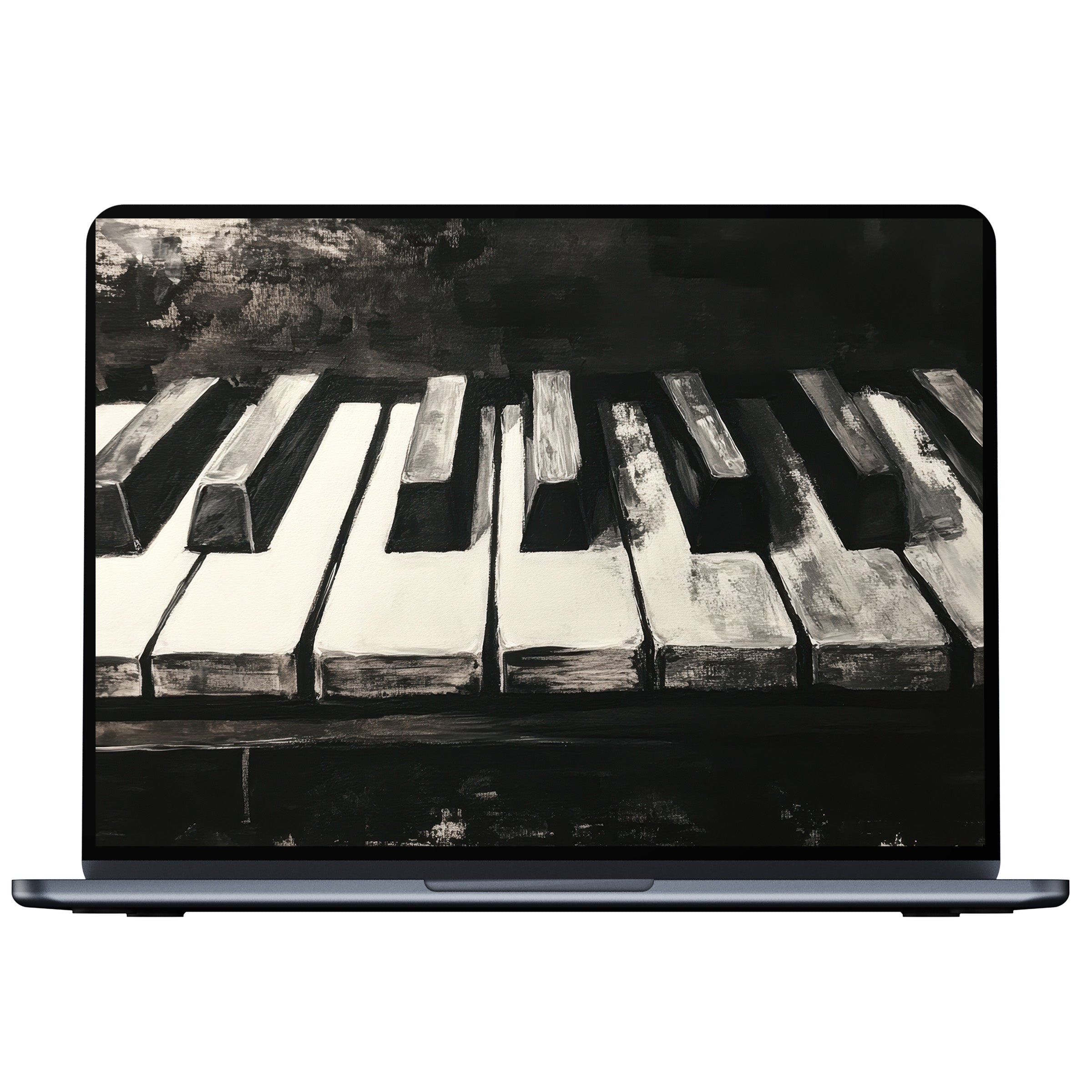 Black and white desktop wallpaper featuring painted piano keys offers calm, elegance, and inspiration for PC and laptop digital download