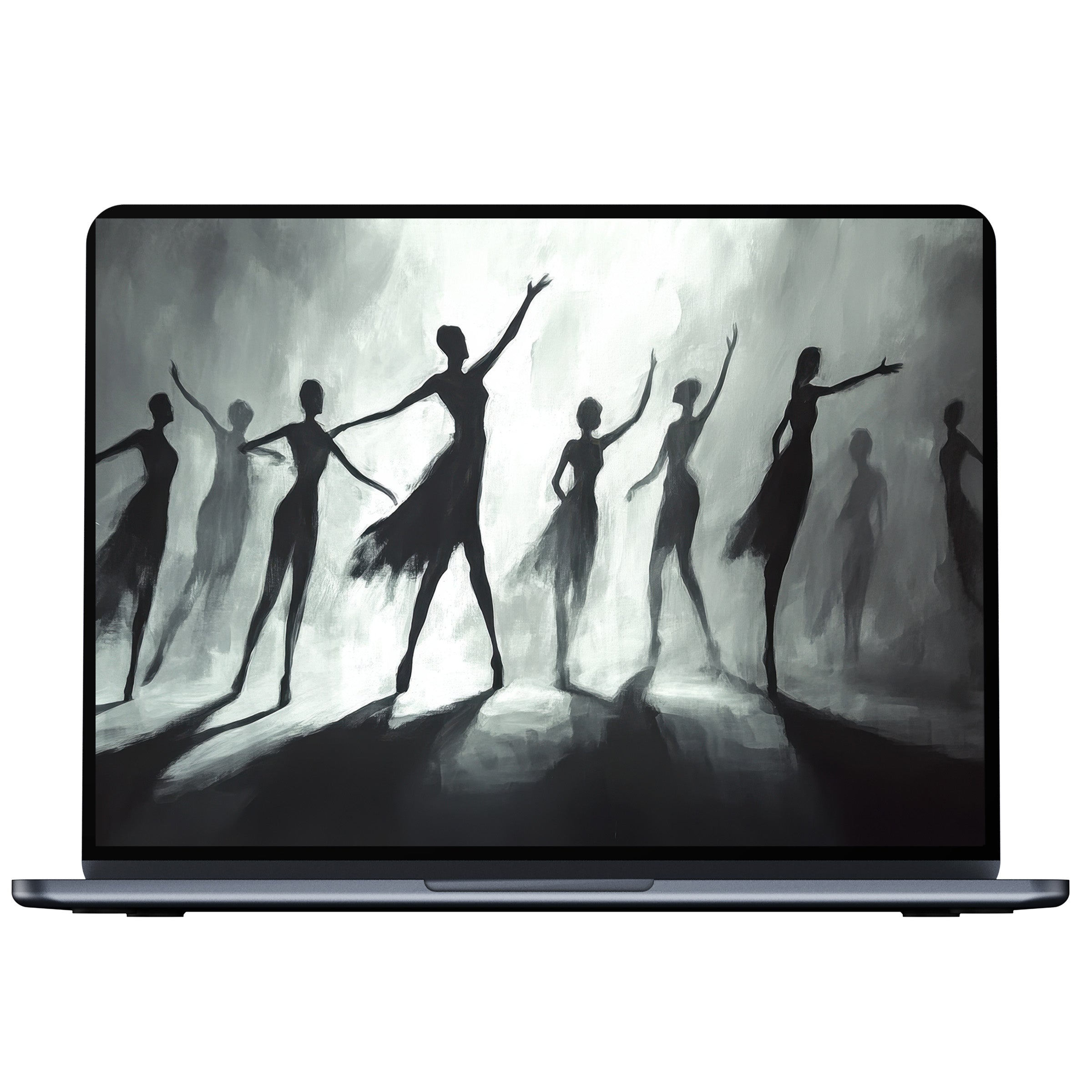Black and white desktop wallpaper showcasing elegant ballet silhouettes, inspiring calm and mindfulness, perfect digital download for PC and laptop